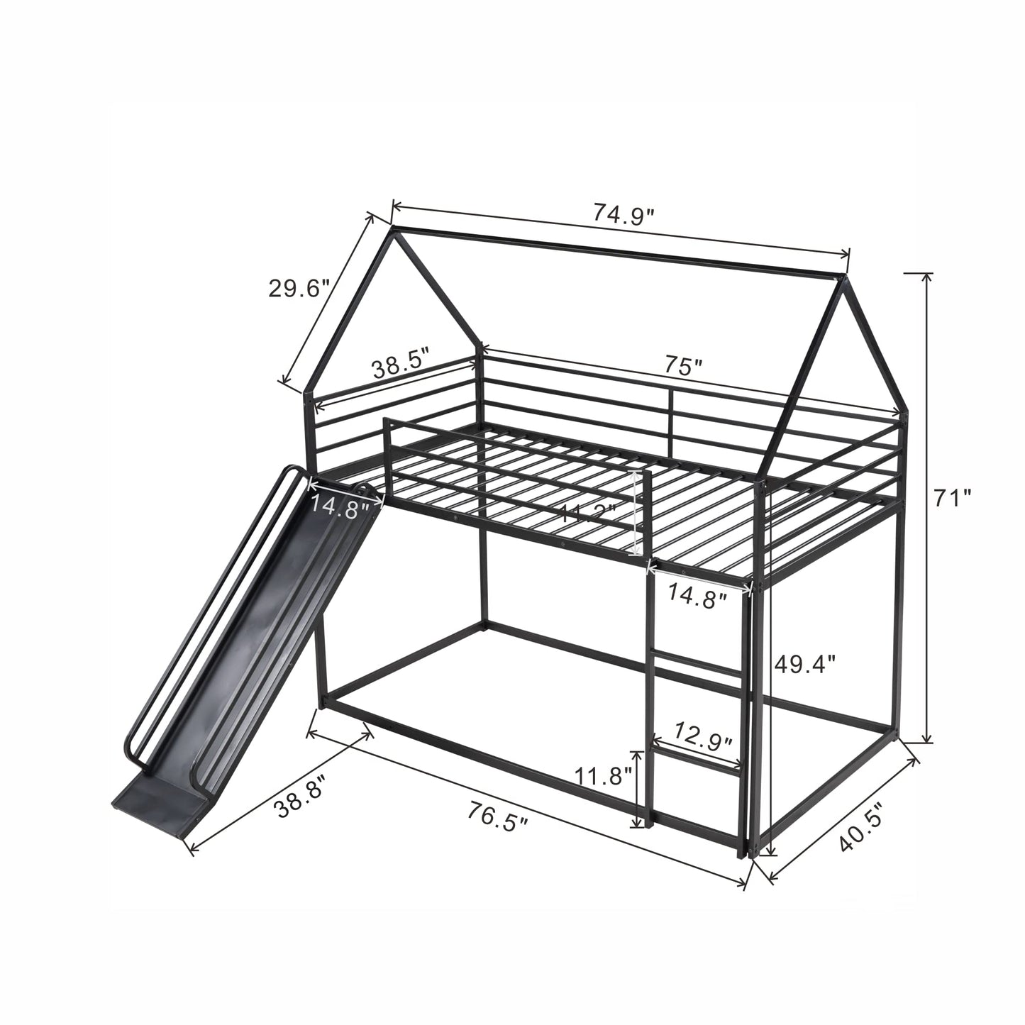 Merax Modern Twin Over Twin Heavy Steel Low Bunk Bed with Ladder and Slide, House Shaped Bunk Bed Frame with Full Lenght Guardrail, No Box Spring Needed, Space-Saving, Black