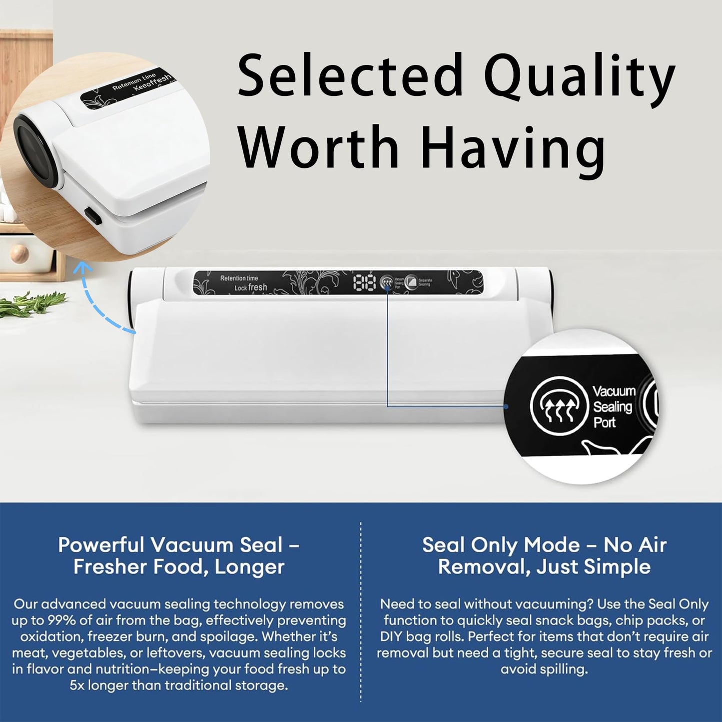Food Saver Vacuum Sealer Machine, 75KPA Strong Suction for Dry/Wet Foods, Digital Countdown Timer, Compact Design with LED Lights, Includes 20 Vacuum Seal Bags, Ideal for Home Kitchen Use