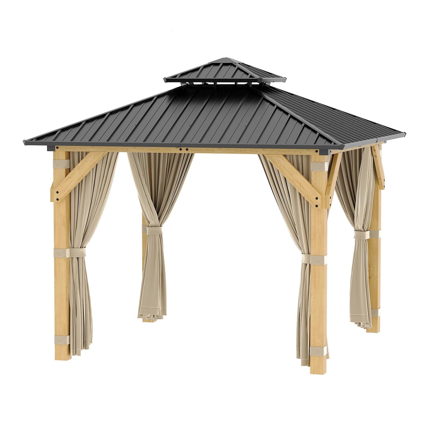 10x10 FT Hardtop Wood Gazebo, Outdoor Patio Pavilion with Cedar Frame, Double Galvanized Steel Roof, Curtains and Mesh Netting, Ceiling Hook Shelter for Backyard Deck Lawn Garden, Khaki