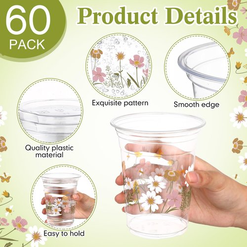 Hushee 60 Pcs Boho Floral Cups with Spring Summer Flower 16 oz Wildflowers Plastic Disposable Drinking Cups for Summer Spring Autumn Birthday Baby Shower Party Supplies