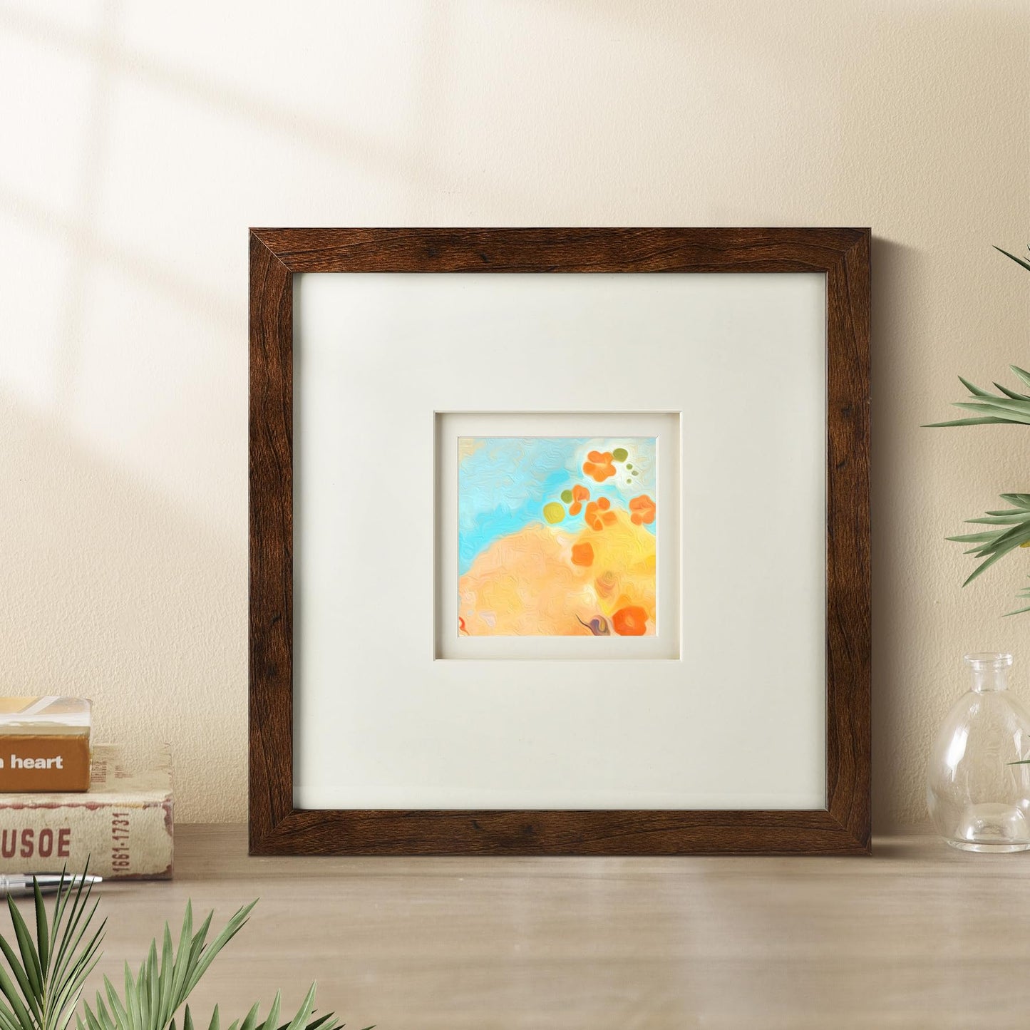 Yaetm 10x10 Square Picture Frame with Double Floating Ivory Mat 4x4, Brown Wood Grain Photo Frame with HD Tempered Glass for Wall Gallery, Home and Office, Wall Mounting, 3 Pack