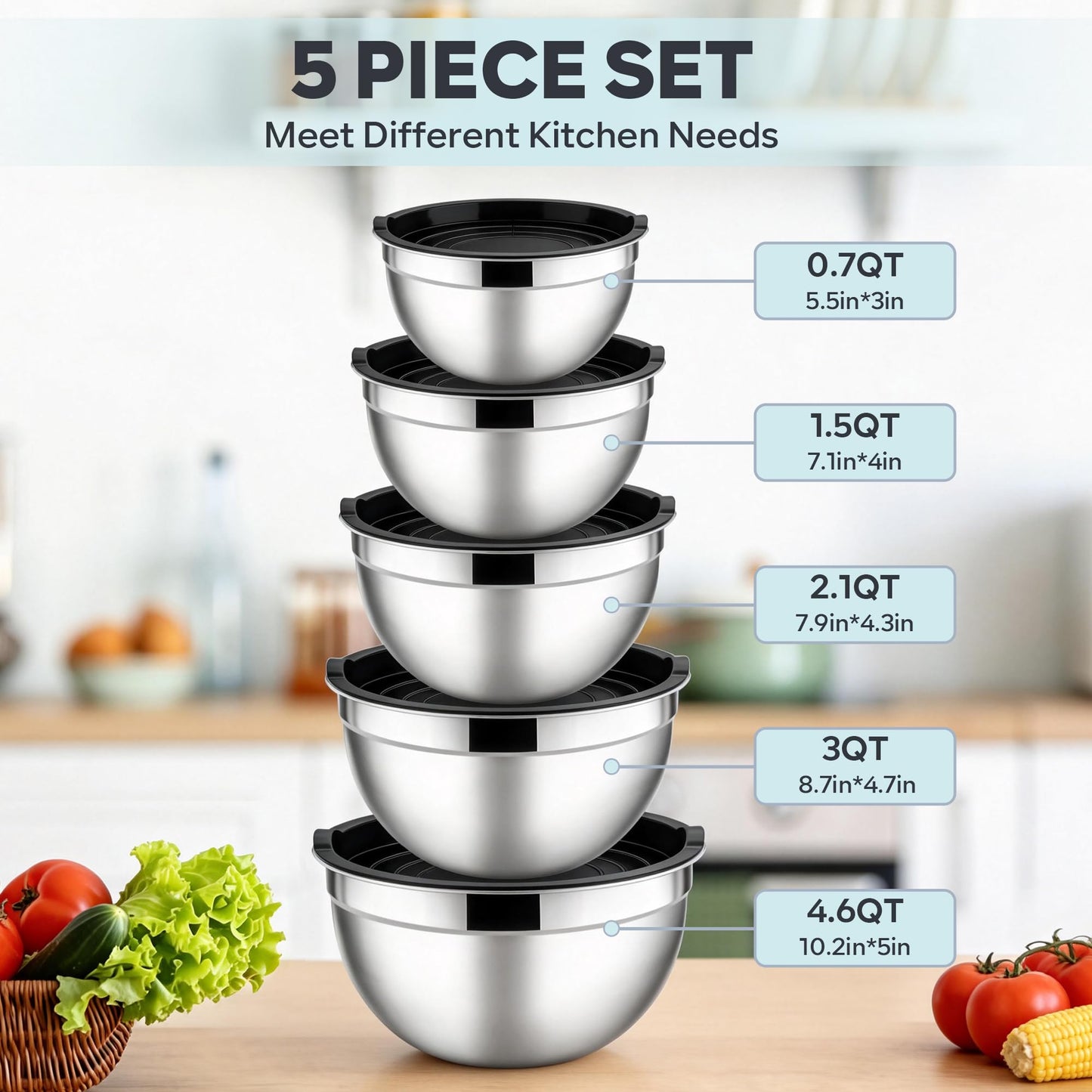 E-far Mixing Bowls With Lids Sets of 5, 10-Piece Stainless Steel Salad Metal Nesting Bowl for Baking Cooking and Prepping, Airtight Lid & Stackable Design, Size 4.6, 3, 2.1, 1.5, 0.7 QT, Black