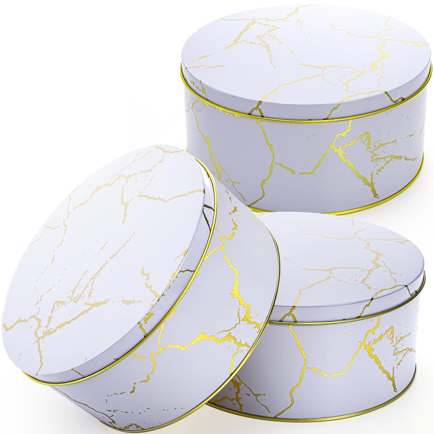 Yopay 3 Pack Cookie Tins with Lids, Round Gift Boxes for Toffee, Marbled Easter Baking Cake Containers for Valentines Gift Giving Puff Pastries Craft Supplies Metal Canister