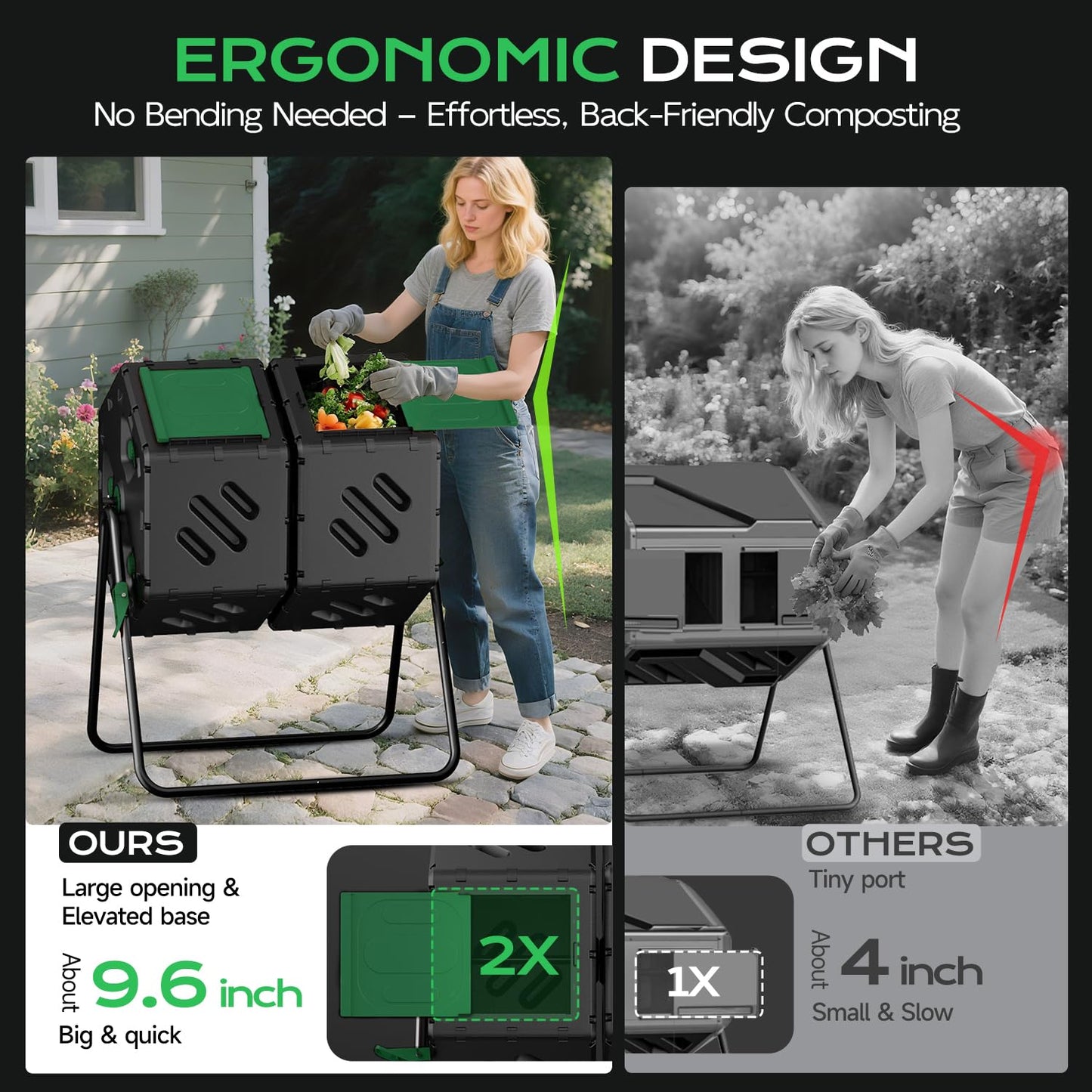 TOP XIAN Compost Tumbler 45 Gallon/170L, Easy-Assemble Dual Chamber Compost Bin Outdoor, 360°Rotating Large Composter for Outside, Backyard, Garden, Gifts for Seasoned Gardeners & Beginners-Green