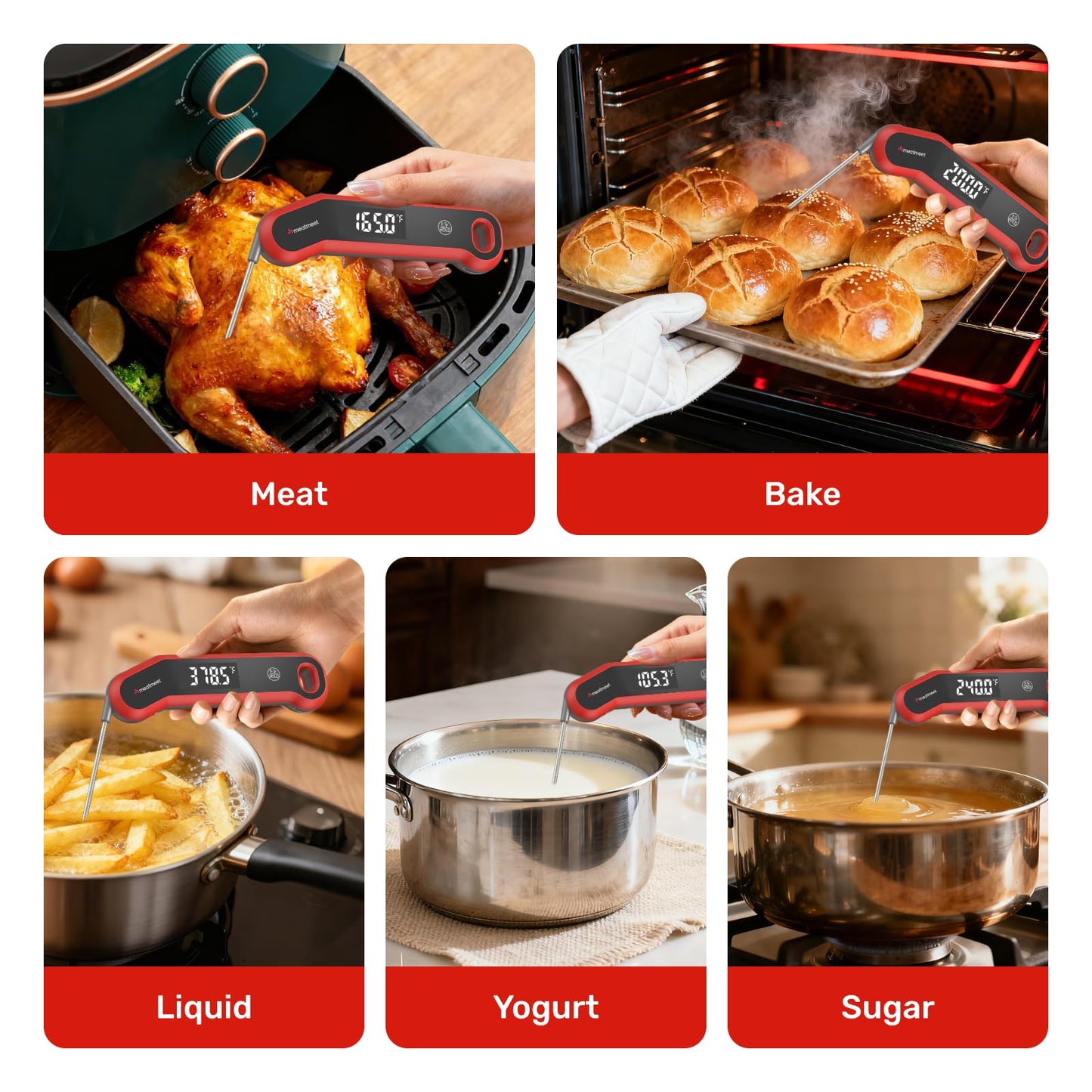 Meatmeet Digital Meat Thermometer - 0.5 Sec Instant Read Meat Thermometer Digital, Kitchen Thermometer Precise ยฑ0.5โ, IP67 Waterproof, Large Bright LED Display, for BBQ/Grill/Cooking/Candy (S1)