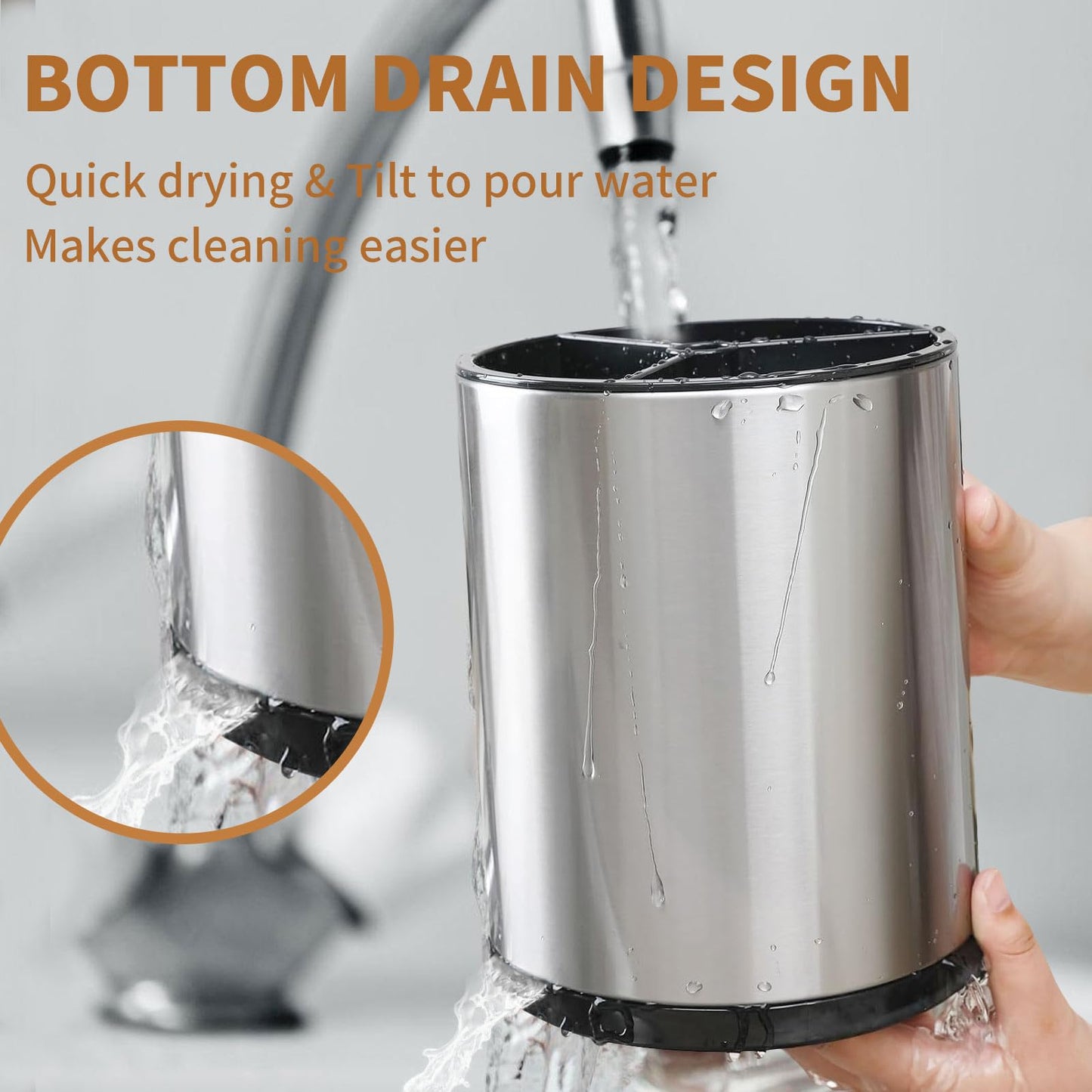 Nigelia Extra Large Kitchen Utensil Holder, 360° Rotating Stainless Steel Cooking Utensil Holder for Countertop, 3 Compartment Flatware Organizer & Cooking Caddy with Removable Base(Silvery)