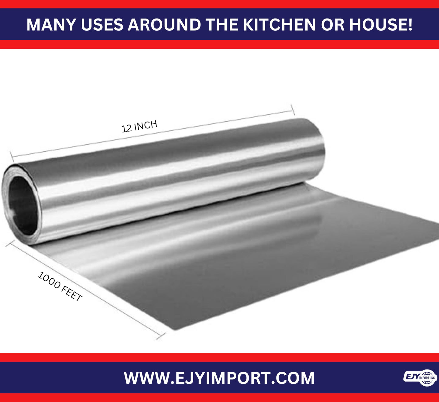 EJY IMPORT Standard Premium Aluminum Foil | 12”x1000 Feet Long | Industrial Size and Strength | Commercial Grade & Length Foil Wrap for Food Service Industry and Home Use| Strong Silver (1 Pack)