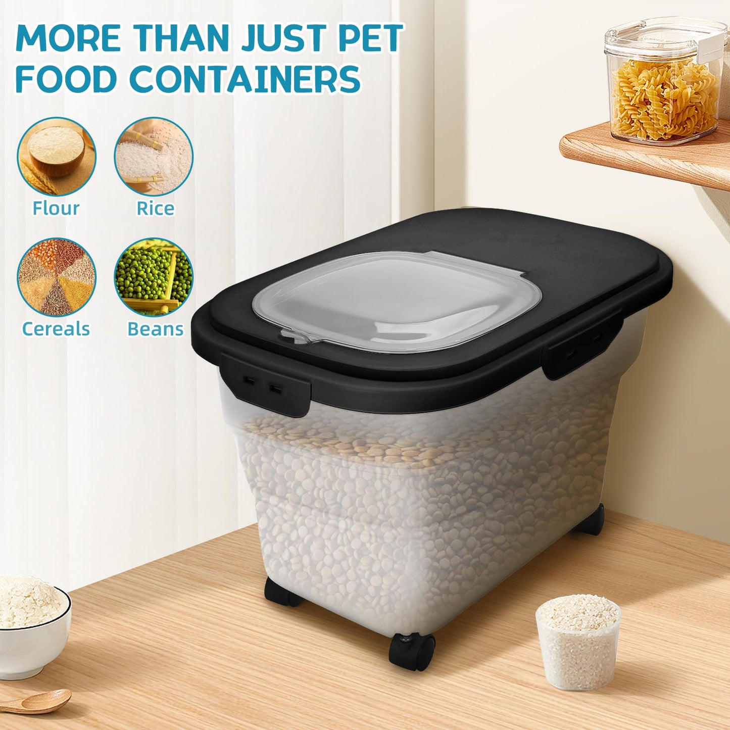 YECERCAN Dog Food Container, Collapsible Pet Food Storage Container 17-20 lb with Rolling Wheels & Airtight Lid, Plastic Storage Bin With Dog Food Scoop and Measuaring Cups