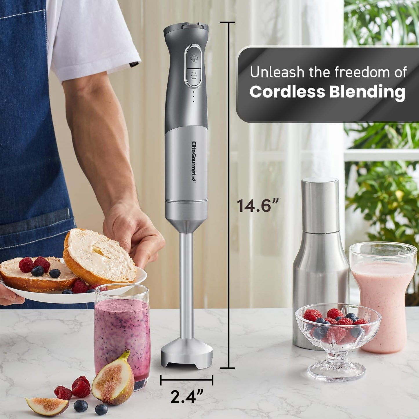 Elite Gourmet EHB1300 Cordless Rechargeable Hand Blender, Stainless Steel Blade, Variable Speed Blending, One-Touch