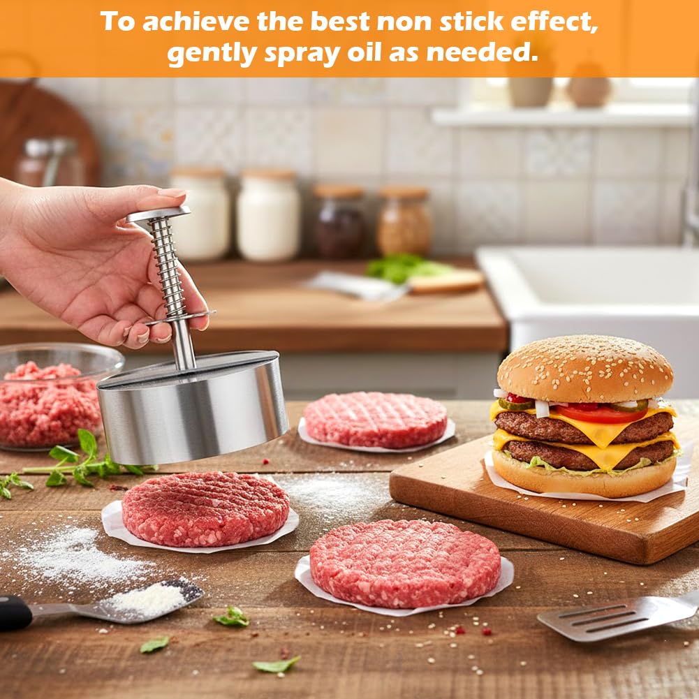 Waylenbo Burger Press 4.5 Inch, 304 Stainless Steel Hamburger Patty Maker with Spring Button & 50 Parchment Papers, Easy Release Non-Stick Mold for Ground Beef, BBQ, Dishwasher Safe