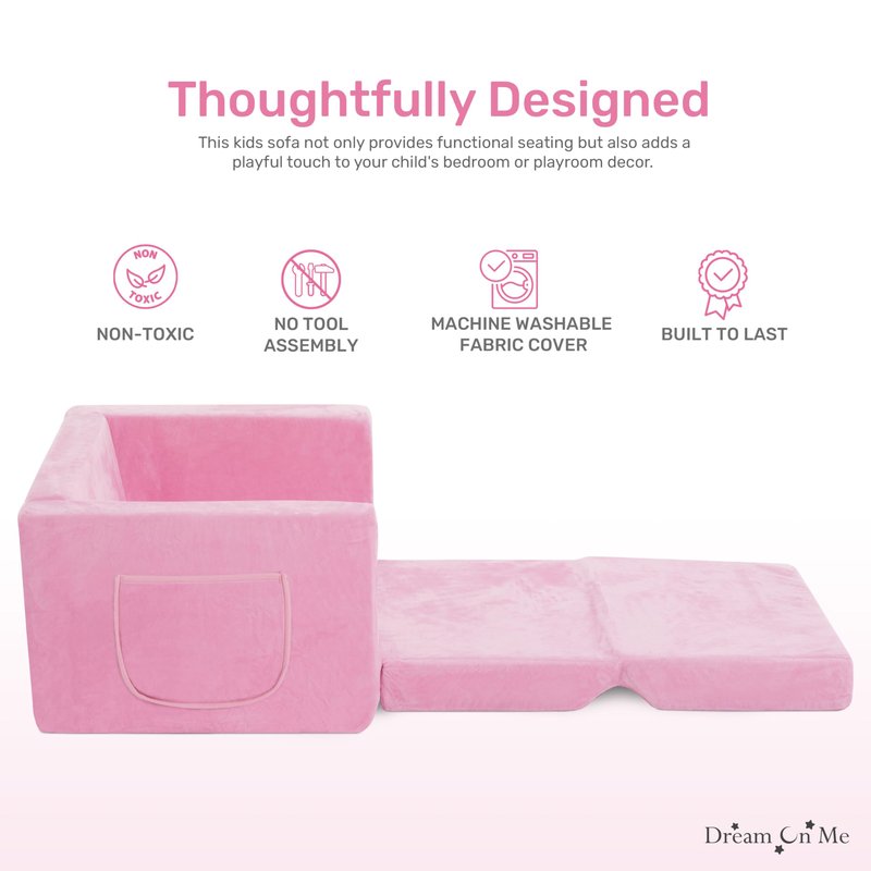 Dream On Me Nestle Kids, Cozy Single Seater, 2-in-1 Convertible Chaise Lounger, High-Density Foam, Sofa Bed Couch, Machine-Washable Fabric Cover, Pink