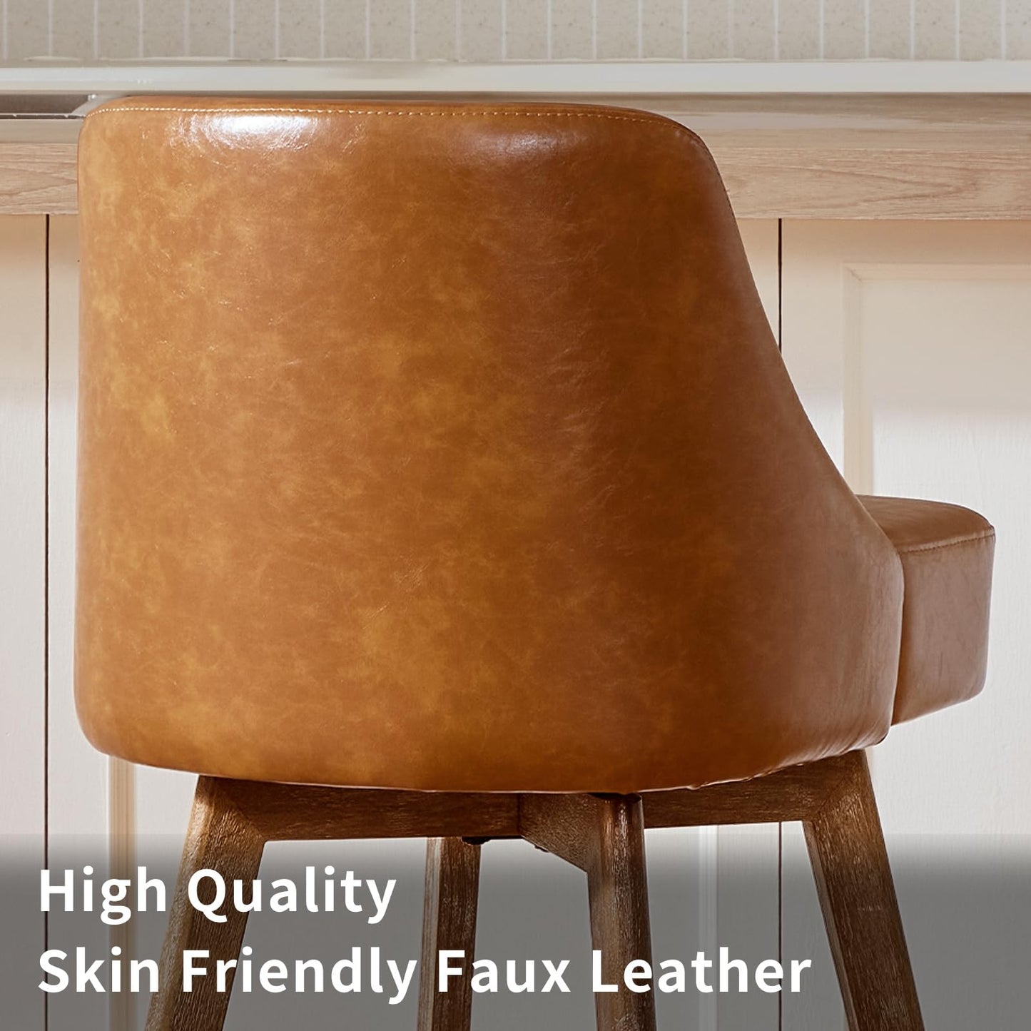 Finekoze Counter Height Bar Stools,Brown-Colored Faux Leather Comfort Fabric Bar Stool Set of 2,360° Swivel Counter Height Stools Solid Wood Legs,27'' Barstools with Contoured Backrest
