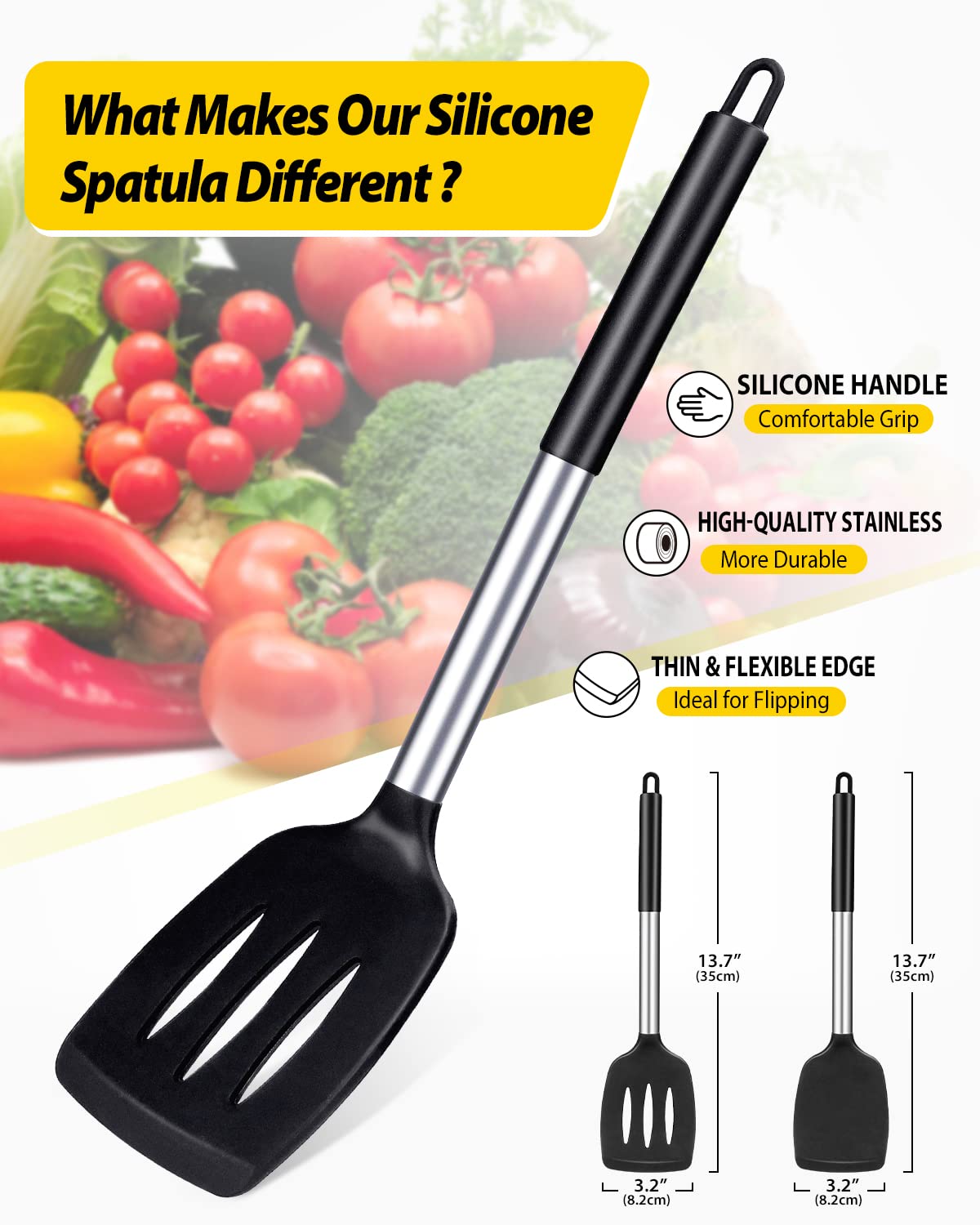 Pack of 2 Silicone Solid Turner, Non Stick Slotted Kitchen Spatulas, High Heat Resistant BPA Free Cooking Utensils, Ideal Cookware for Fish, Eggs, Pancakes(Black)