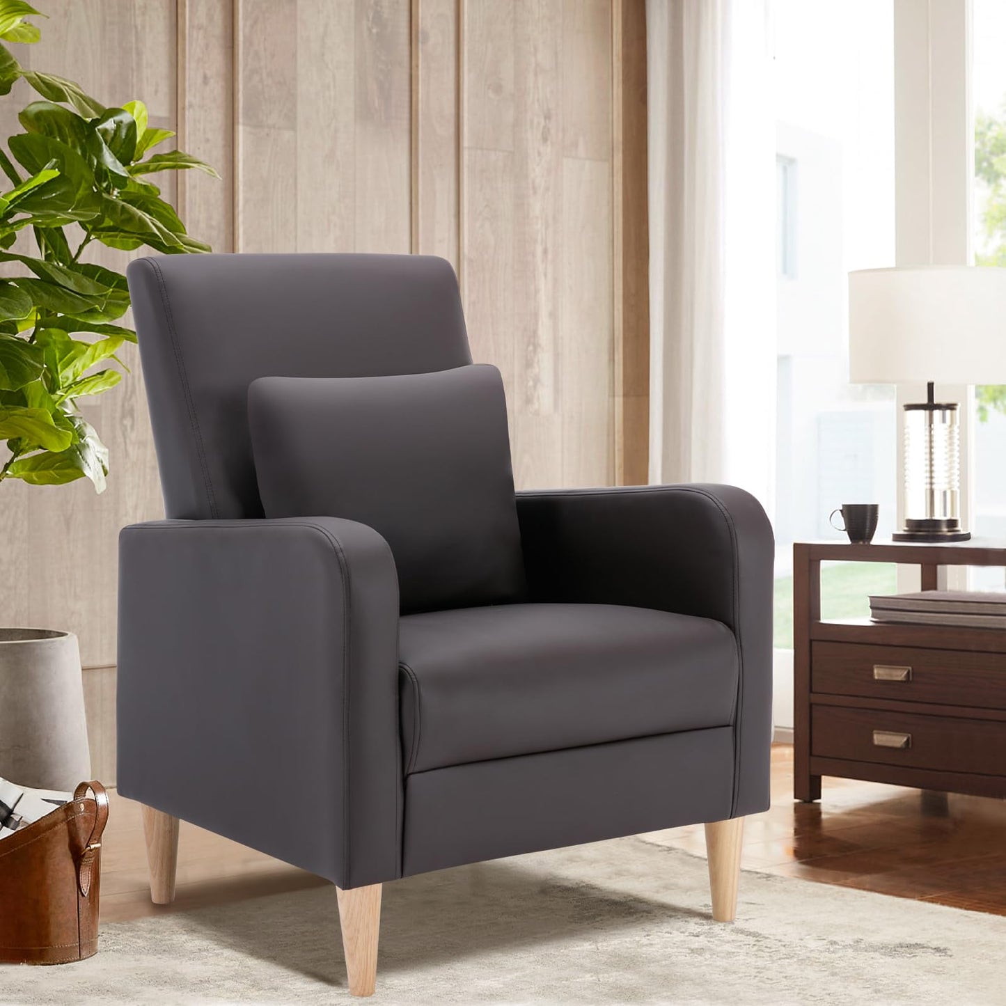 COLAMY Modern Accent Living Room Chairs Set of 2, Upholstered PU Leather Armchair Reading Side Chair, Single Sofa with Back Pillow and Wood Legs, Brown
