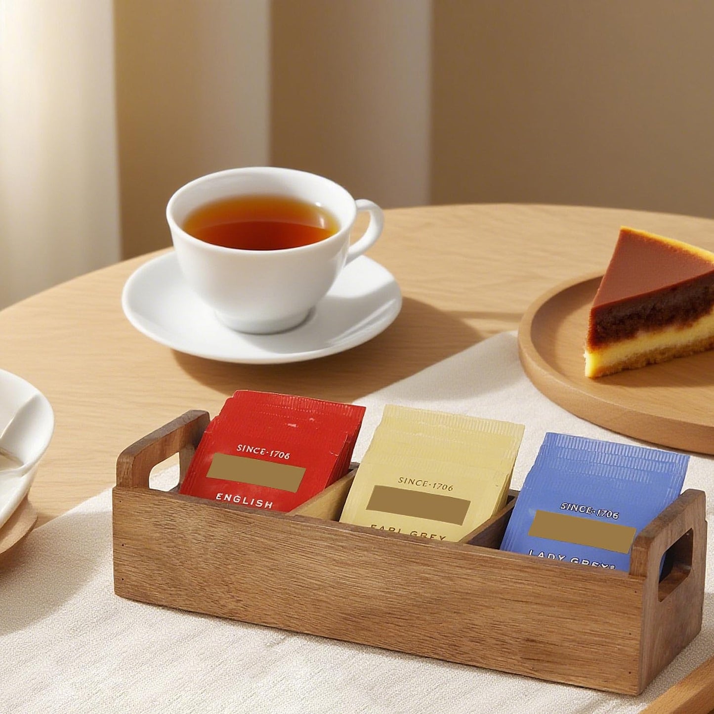 HTB Small Wooden Tea Bag Box 2PCS, 3 Compartments Acacia Wood Tea Bag Chest with Handle, Mini Countertop Divided Storage Container for Beverage Supplies, Sugar, Sweeteners, Individual Packets