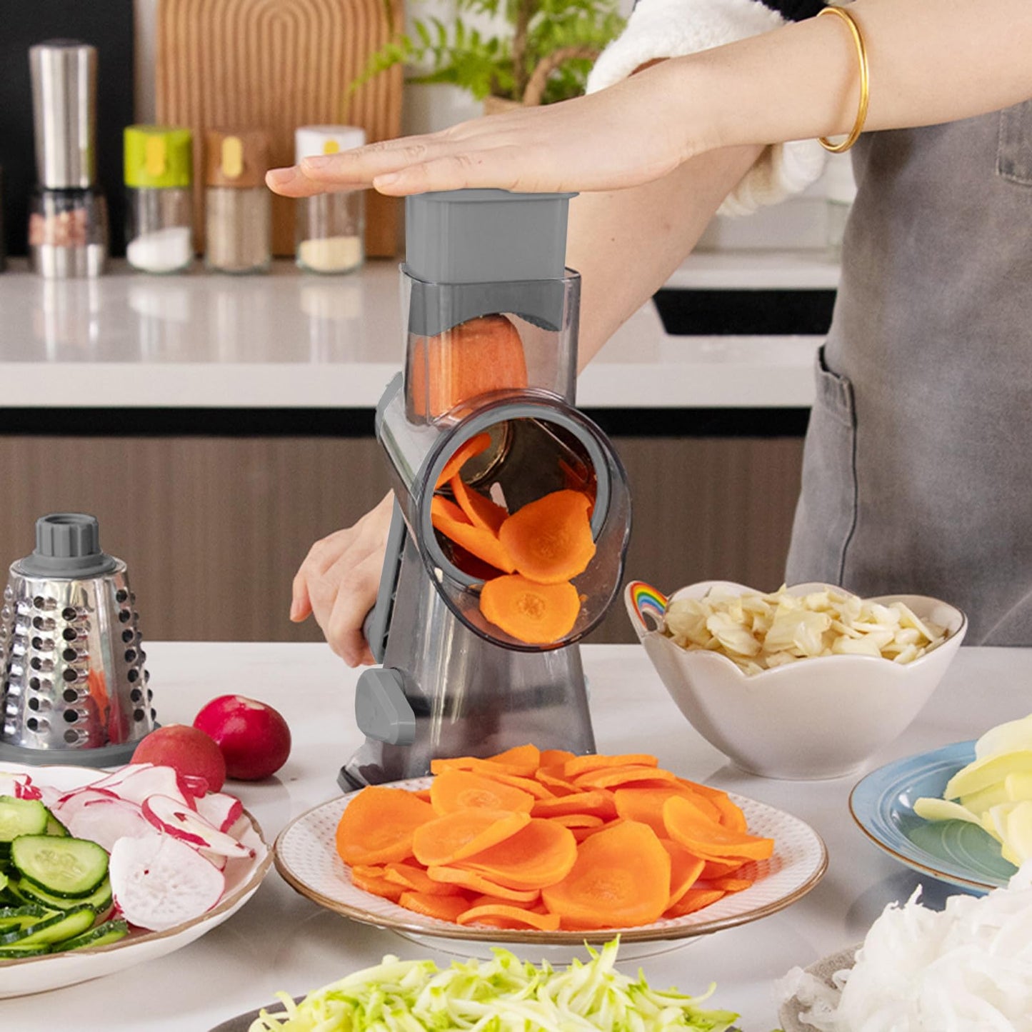 KalraMay Cheese Grater,Rotary Cheese Grater with Handle, Multifunctional Rotary Cheese Shredder Effortlessly Grates Cheese, Vegetables, and Fruits (Gray)