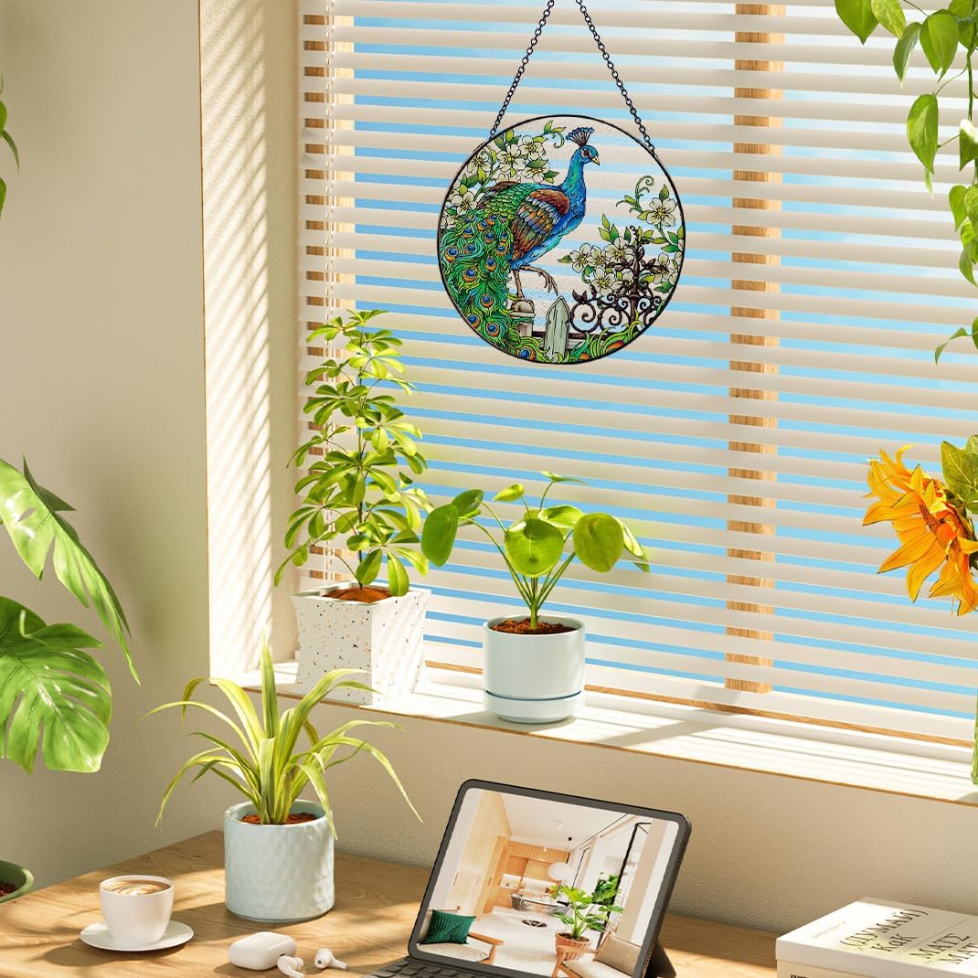 Peacock Stained Glass Suncatcher: Hand-Painted Window Wall Hanging Decor Ornament 6.5''*6.5'' for Home Garden Gift