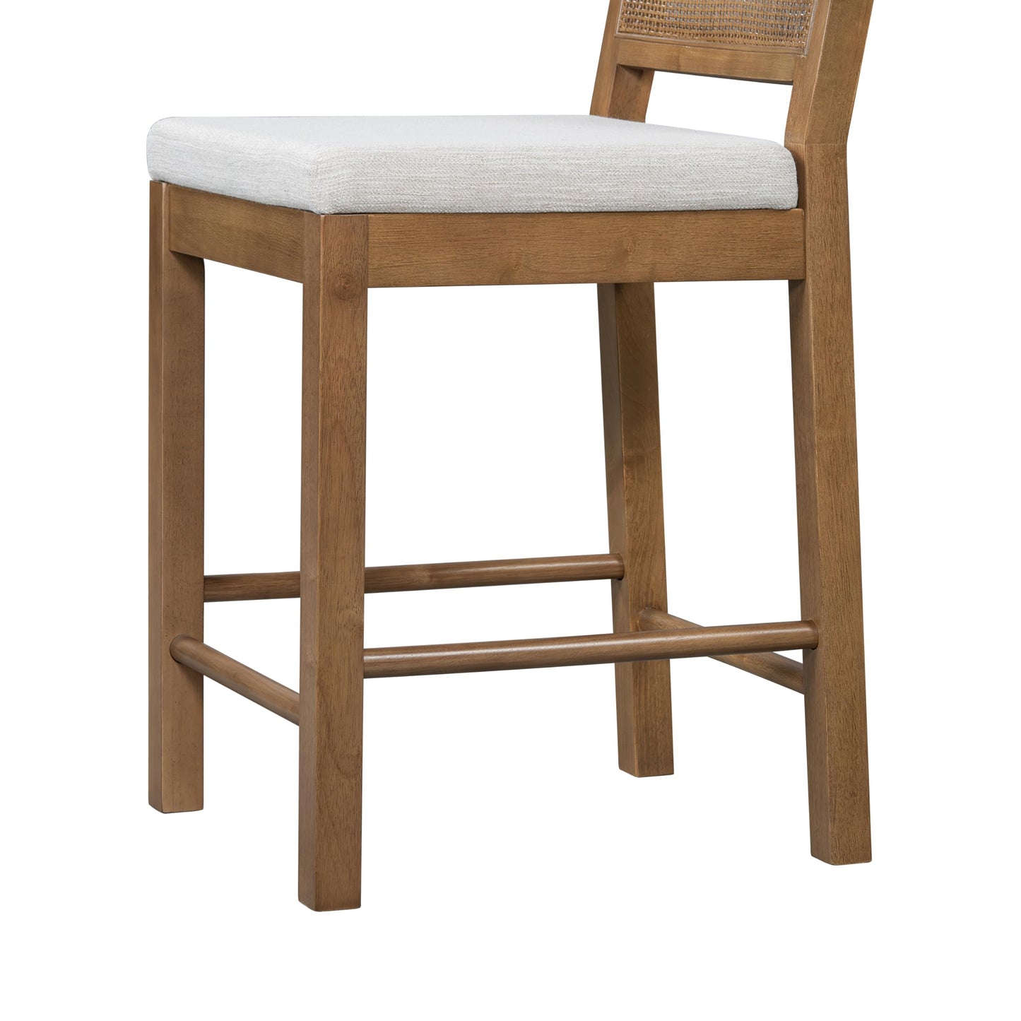 Merax Upholstered Bar Stool Set of 2, 24.5" Counter Height, Solid Wood Frame, Natural Rattan Woven Back, High Chair for Kitchen Island and Bar Tables, Brown and Gray