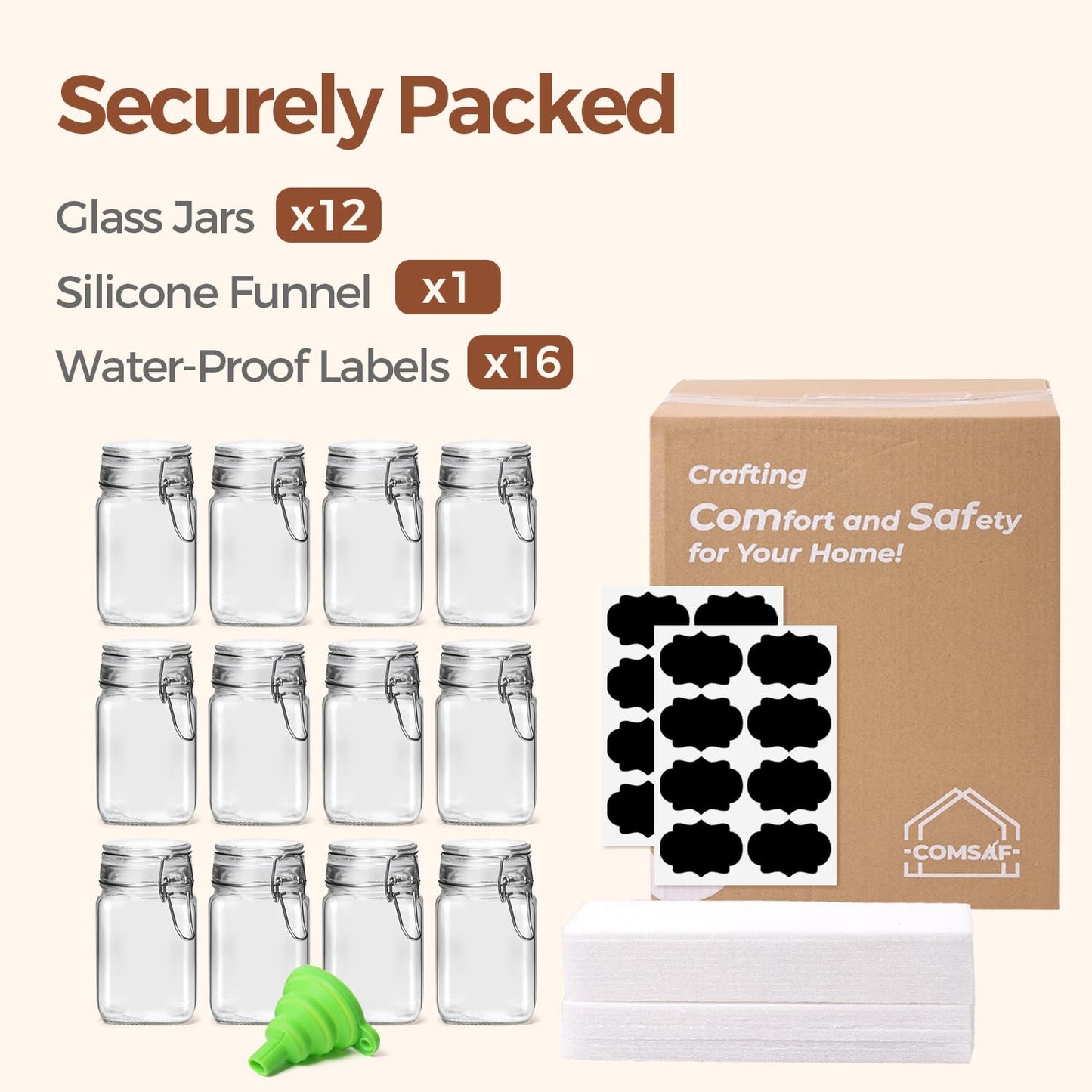 ComSaf Set of 12 Square Glass Jars with Airtight Lids (8 Oz), Pantry Canisters for Spices, Jams, & Herbs, Wire Clamp Jar for Overnight Oats, Pickling, Favors, Includes Labels & Funnel