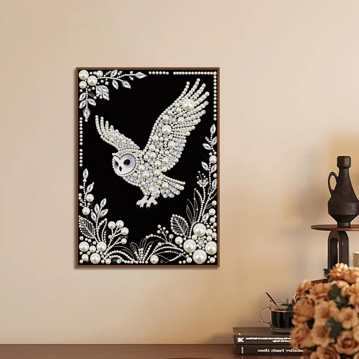 MVVMTOP Pearl Diamond Painting Kits for Adults Beginners, 5D DIY owl Diamond Art with Half Round Pearl Drills and Crystal Rhinestones, Sparkling Diamond Dots Craft for Home Wall Decor