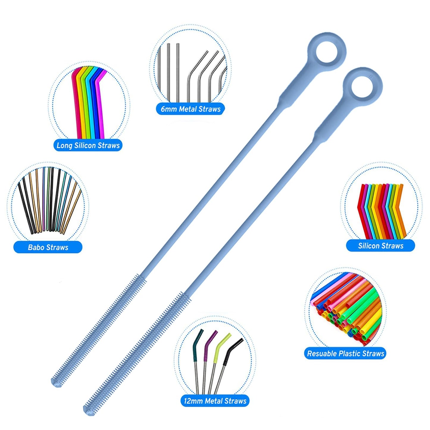 Raymeefa Bottle Brush & Straw Cleaner Brush Set,Silicone Bottle Brush with Sturdy Handle for Water Bottles,Tumblers,Baby Bottles,Long Flexible Straw Cleaner Brush for Standard Straws(Blue)