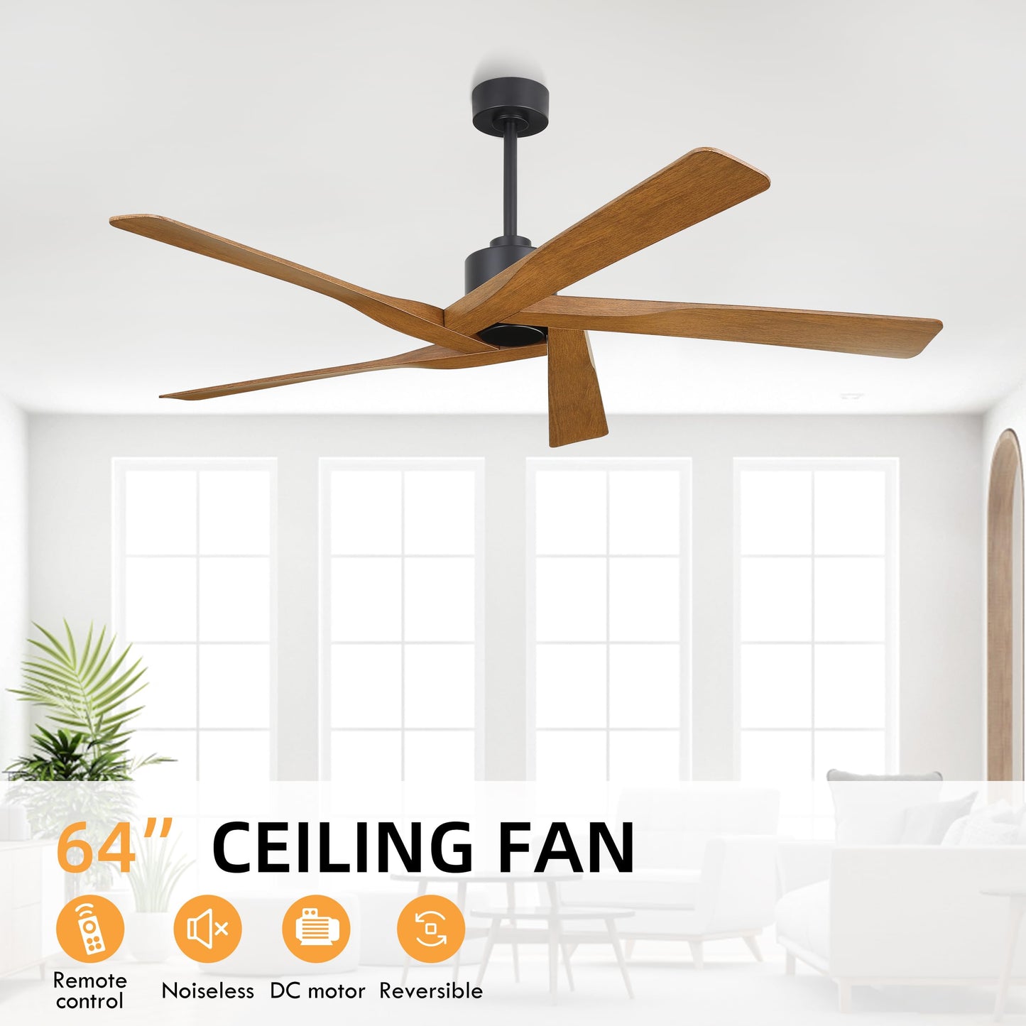 WINGBO 64" ABS DC Ceiling Fan No Light, 5 Blade ABS Plastic Ceiling Fan with Remote, 6-Speed Reversible DC Motor, Ceiling Fans without Light for Kitchen Bedroom Living Room, Matte Black and Walnut
