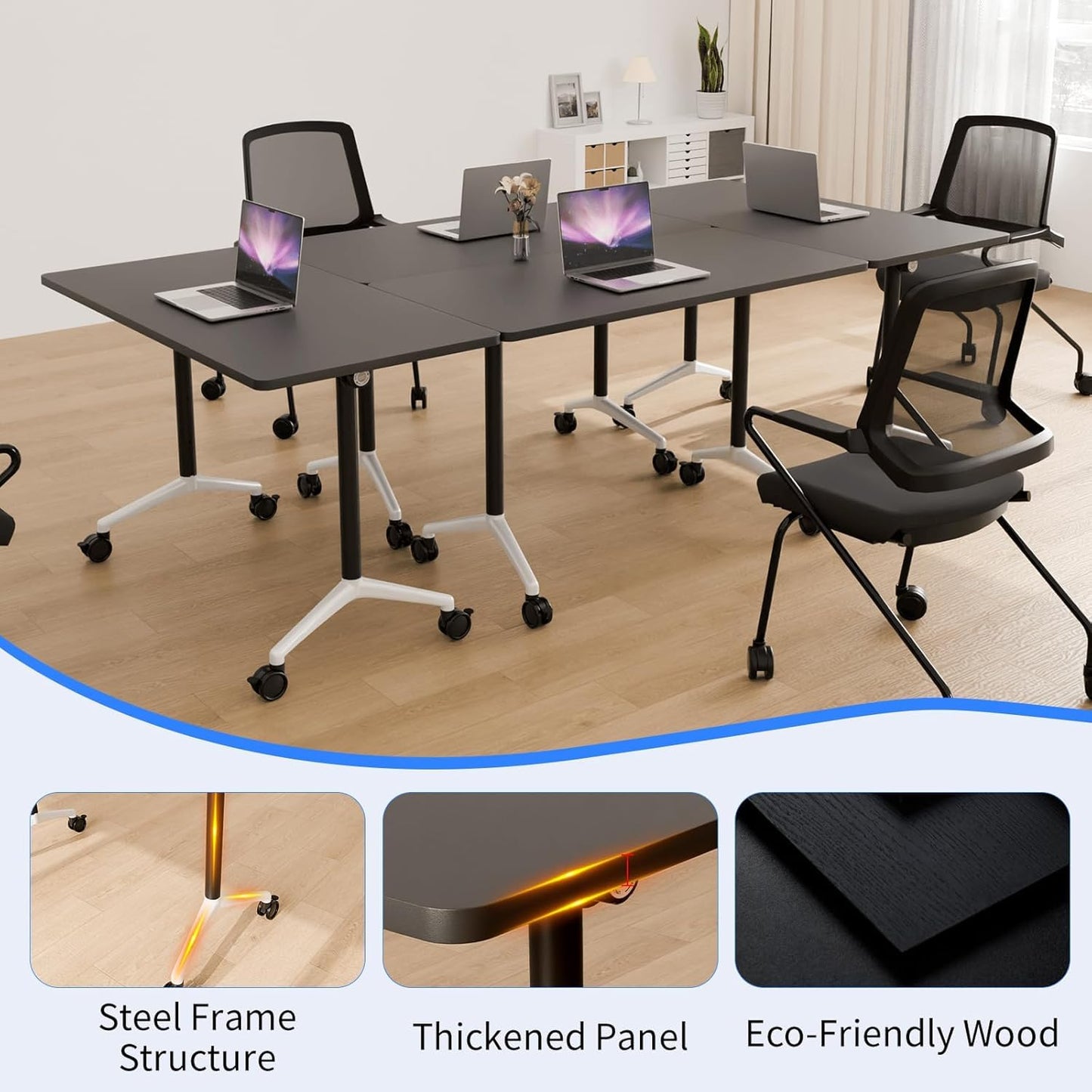 Folding Conference Room Table with Wheels,Flip Top Modular Training Meeting Table,Stackable Mobile Conference Table,Wooden Top Sturdy Frame,Space Saving,for Office,Classroom (4Pack, black, 47.2in)