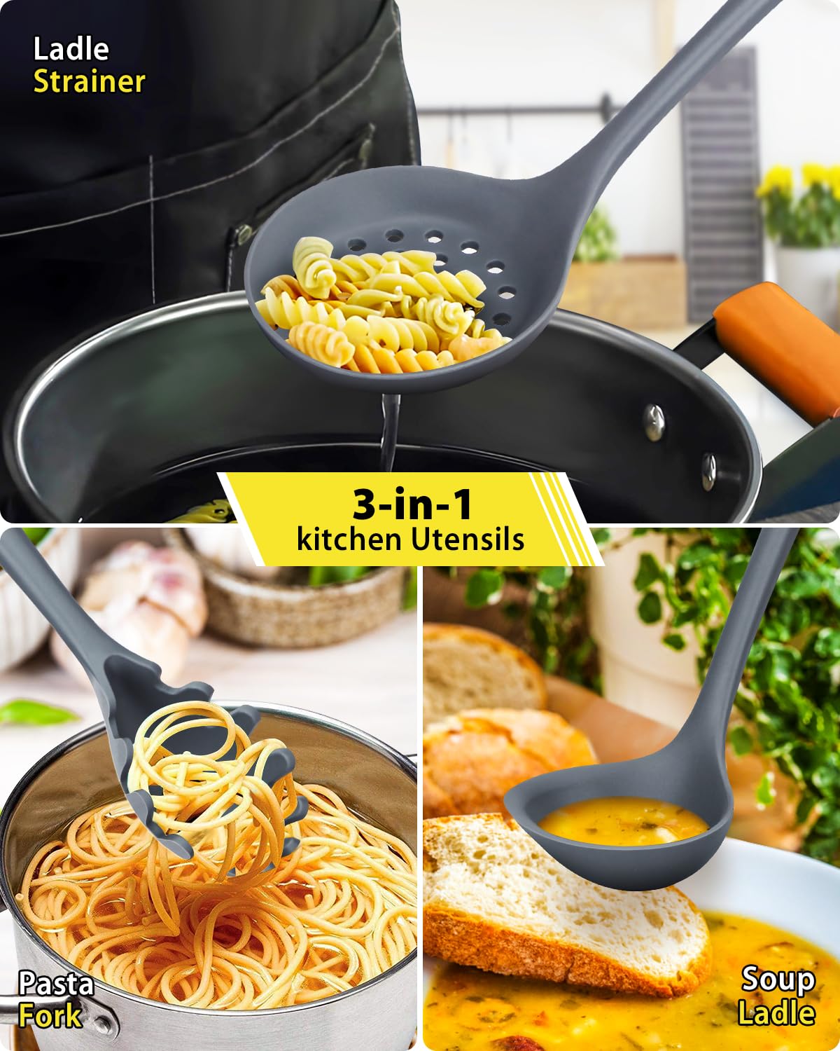 3 Pcs Silicone Kitchen Utensils Set, Soup Ladle-Pasta Fork-Slottede Spoon, Nonstick BPA Free High Heat Resistant Cooking Utensils for Mixing, Serving, Draining, Turning, Stirring