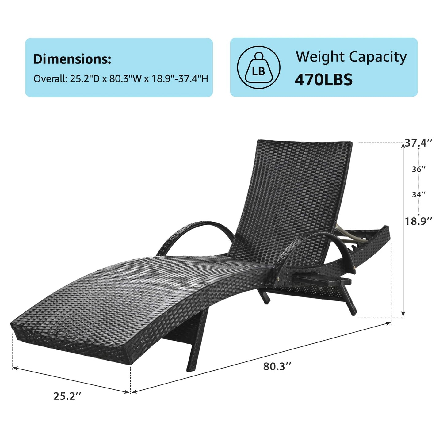 Sereniet 80.3" Outdoor Wicker Chaise Lounge Set of 2, with Pull-Out Side Table, Adjustable Pool Lounge Chairs, Patio Loungers for Balcony, Deck, or Backyard (Black)