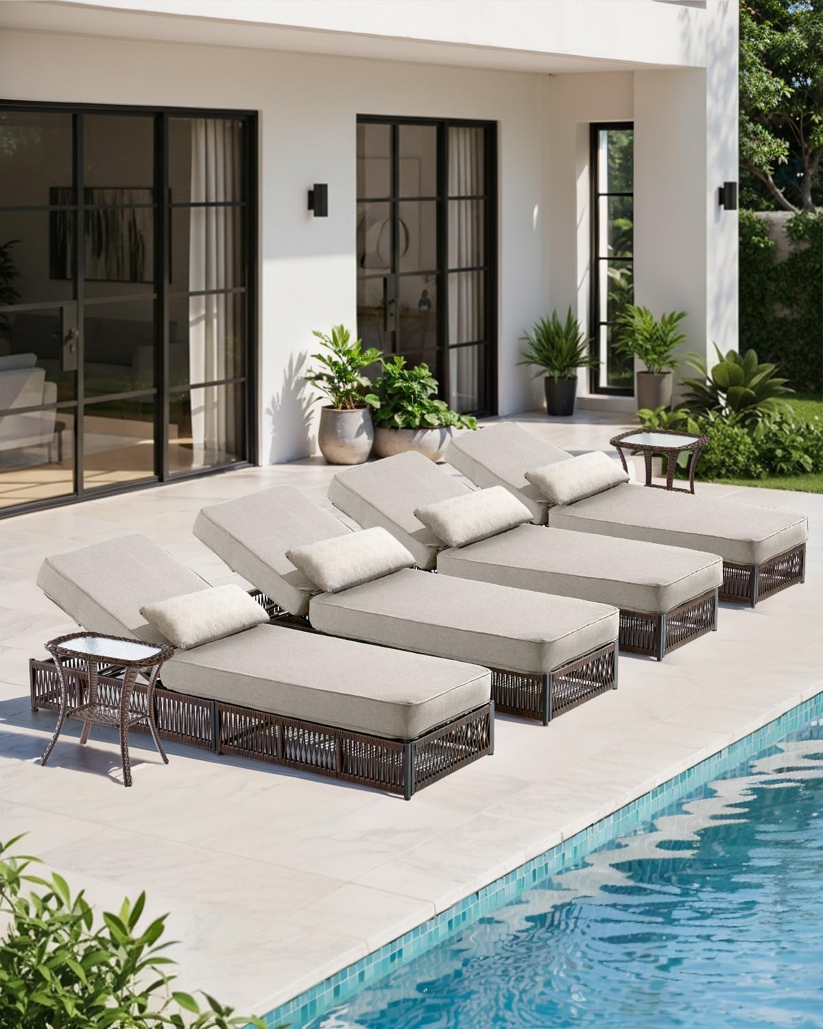 ACTREST Luxury Outdoor Chaise Lounges with 5 Inch Thickened Cushions - Set of 4 High Back Brown Wicker Patio Recliners Rattan Reclining Chairs Porch Poolside Pool Sunbathing Lounger- Beige