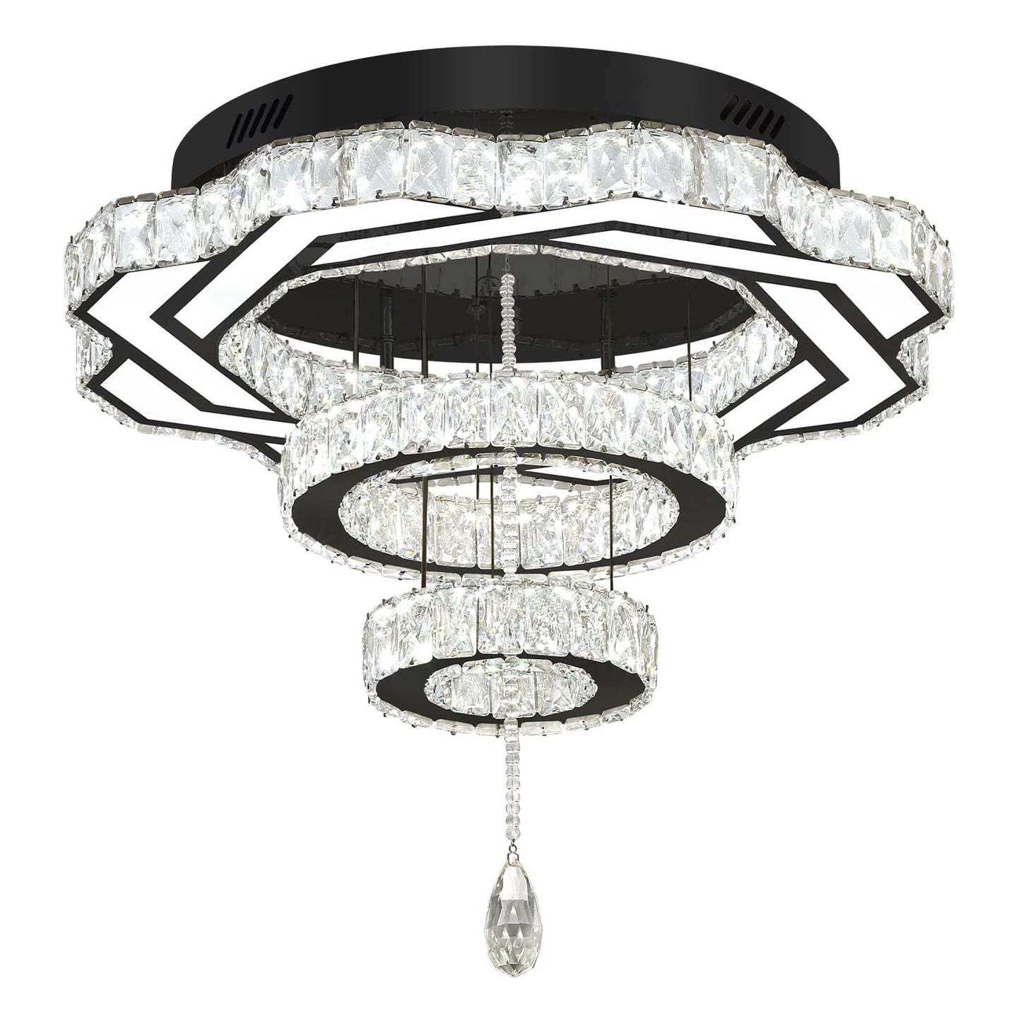 Flashing God Modern Crystal Chandeliers Dia 24" Black Chandelier Flush Mount Ceiling Light for Bedroom Living Room Dining Room Hallway Dimmable 3 Rings LED Celing Lighting Fixtures