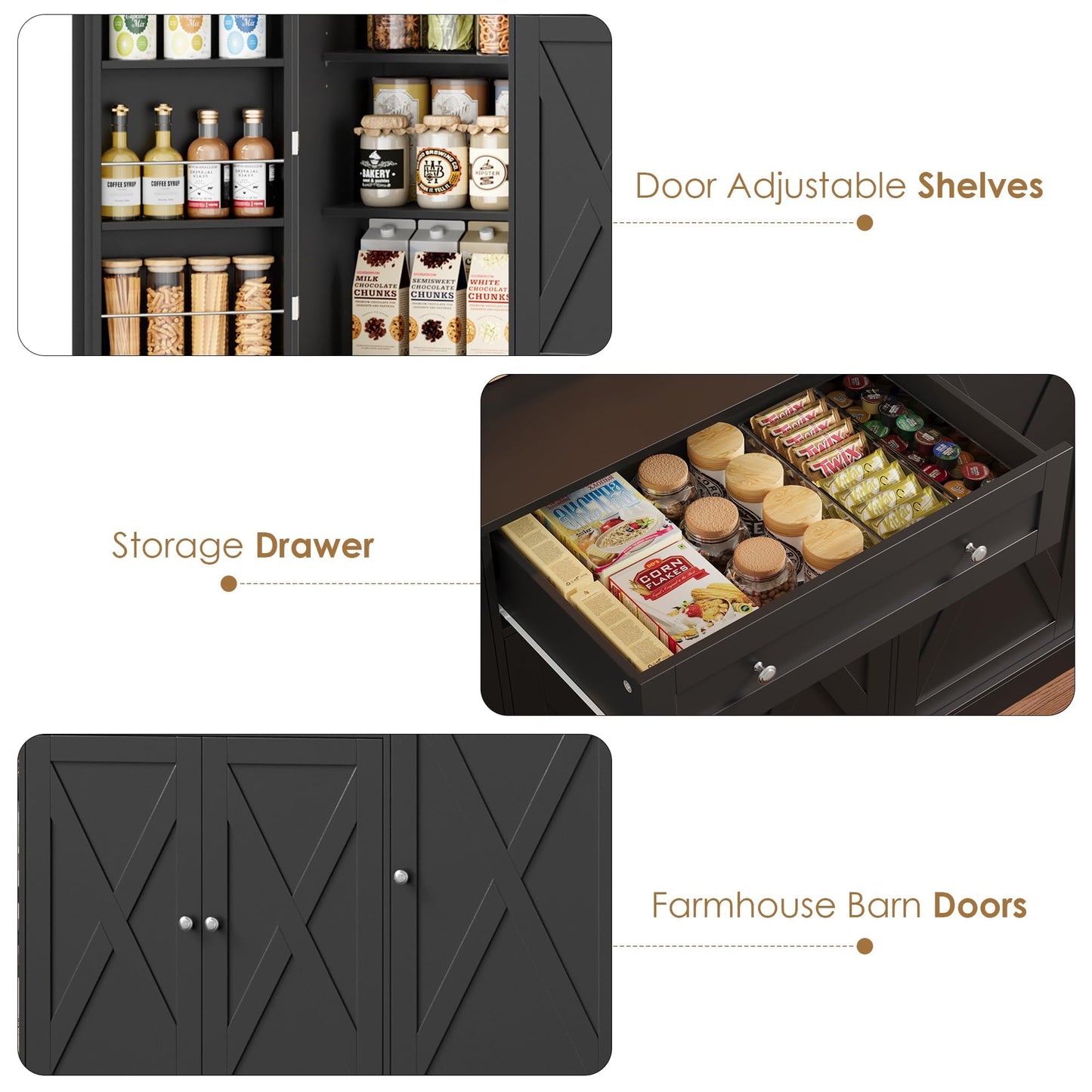 HIFIT 72.8” LED Kitchen Pantry Cabinet with Charging Station, 55” Wide Pantry Storage Cabinet with Large Countertop&Shelves&Drawers, Farmhouse Kitchen Hutch Coffee Bar for Living Room, Black