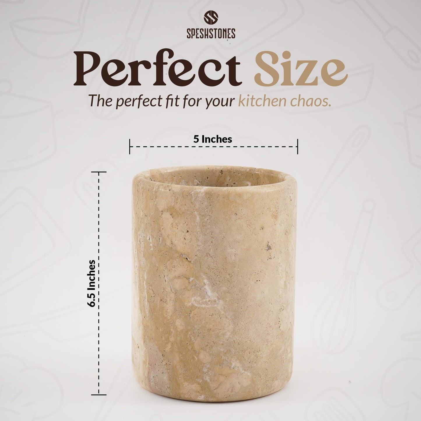 SPESHSTONES Marble Utensil Holder 6.5 Inch Travertine Utensil Caddy, Wooden Cooking Utensils Set & Spatula Organizer for Kitchen Counter Decor, Stone Crock for Spoon Holder & Farmhouse Decor