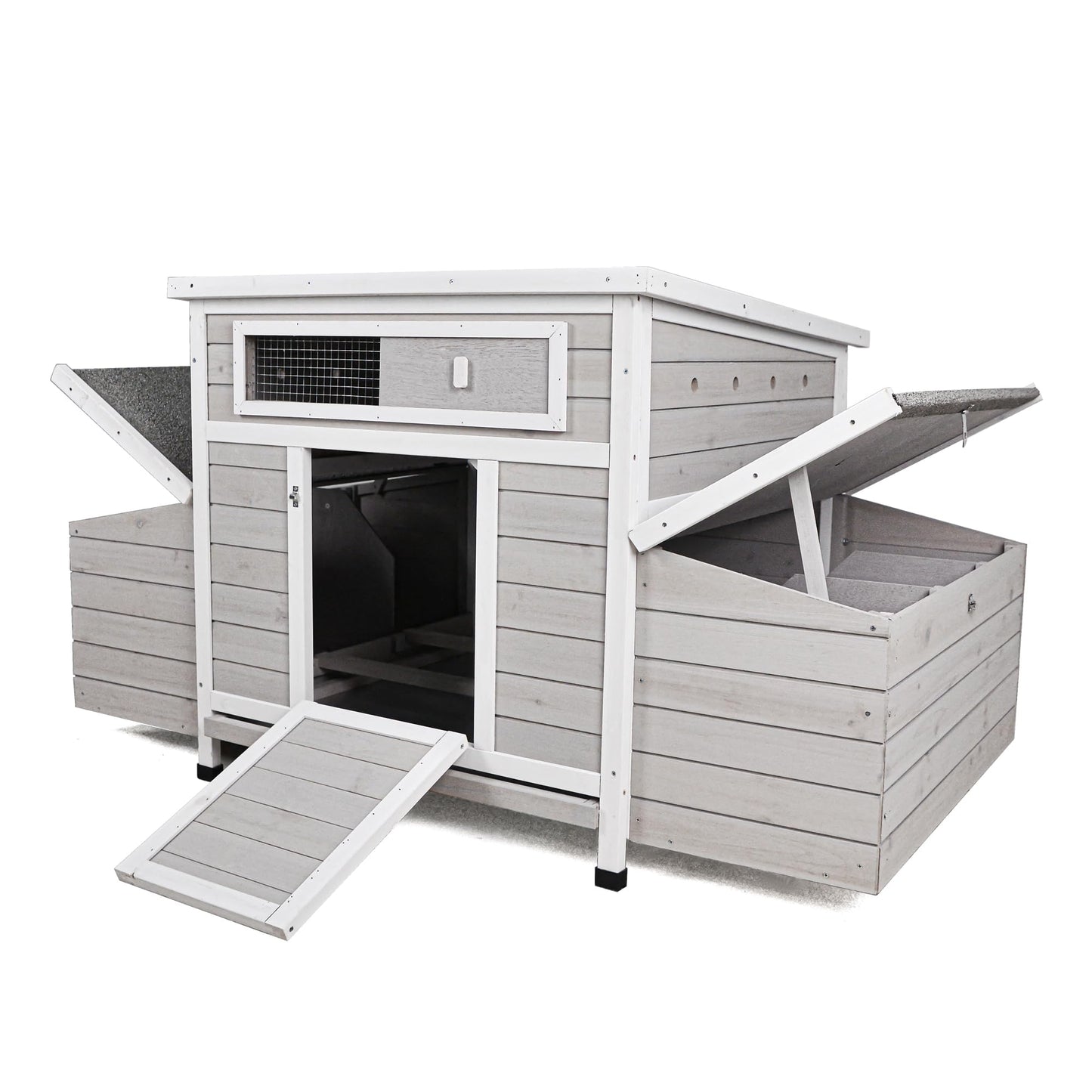 KEIKI Large Wooden Chicken Coop, Outdoor Hen House, Poultry Cage, Rabbit Hutch, Wooden Poultry Cage for Outdoor with 2 Sides Nesting Boxes, Gray+White