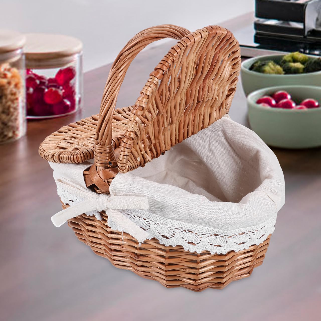 Mipcase Wicker Picnic Basket with Lid and Handle: Vintage Woven Storage Basket with Washable Lining for Flowers Vegetables Fruits, 10.02X7.27X5.31in