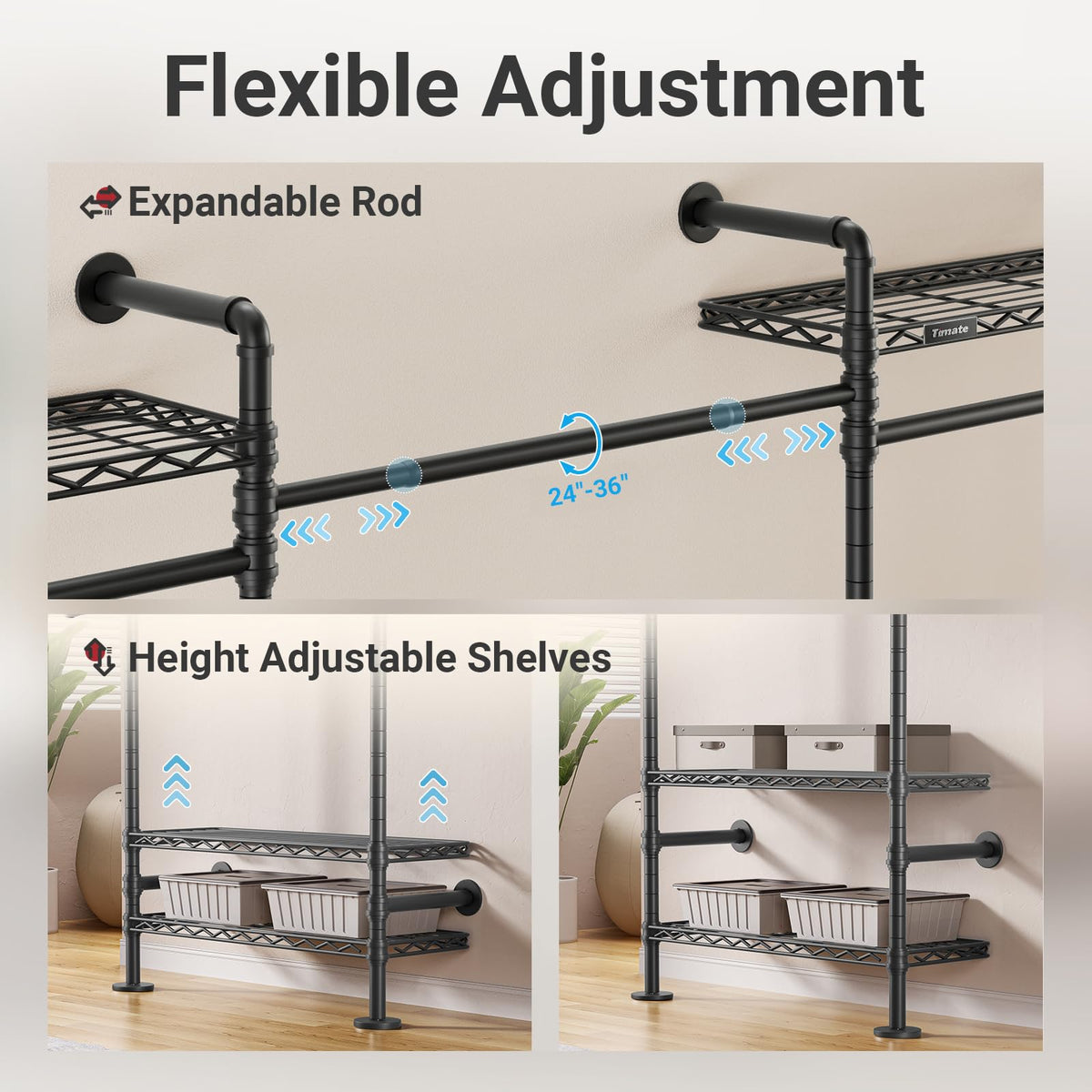 Timate U5 Expandable Wall Mounted Clothes Rack, Walk in Closet, Heavy Duty Industrial Pipe Clothing Rack with 4 Expandable Hanger Rods & 8 Adjustable Shelves, Fits Spaces 8'- 10', Black