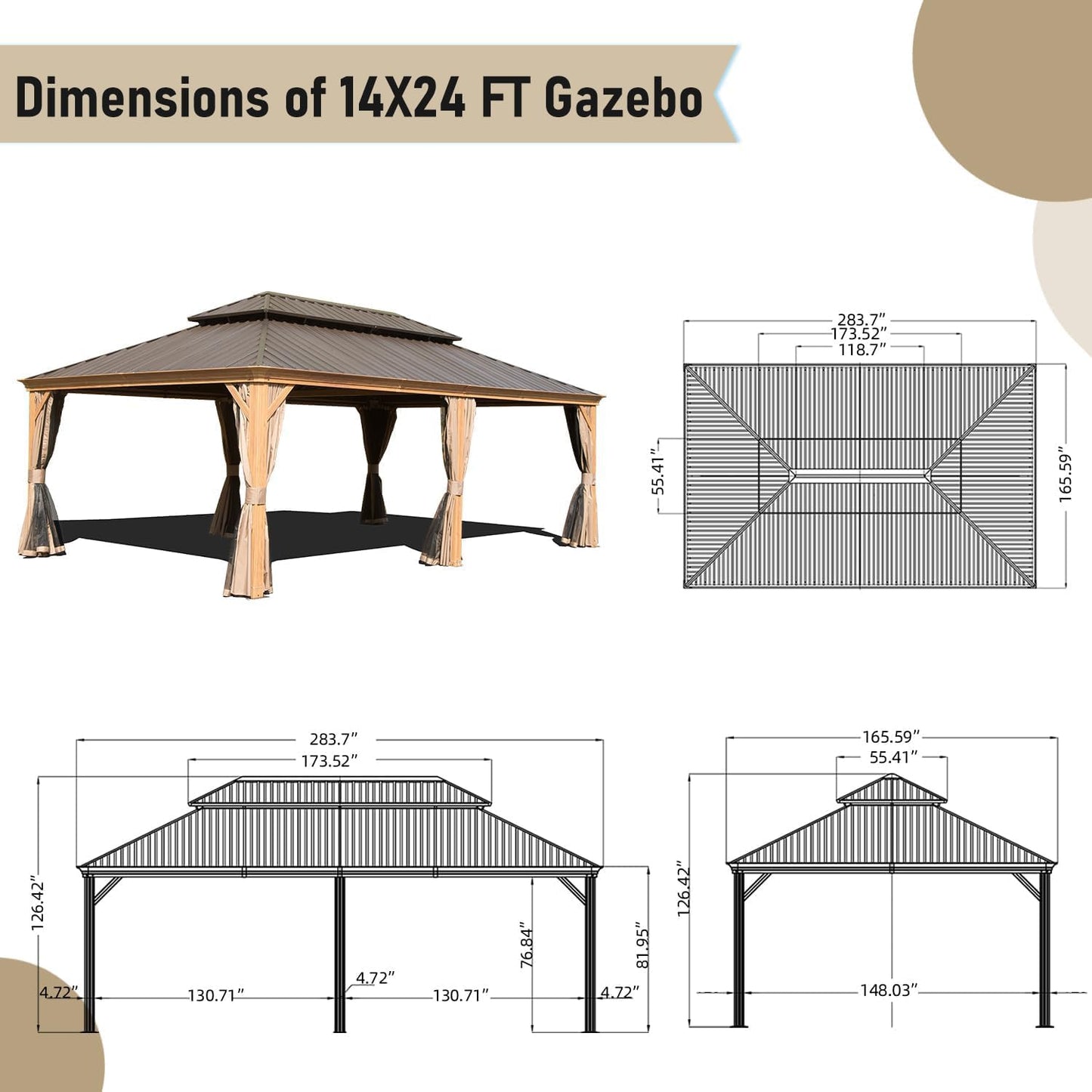 GOWE 14x24FT Hardtop Gazebo, Outdoor Gazebo with Galvanized Steel Double Roof, Aluminum Frame, Built-in Gutter System, Curtain and Netting, Metal Gazebo Pavilion for Patio Deck Garden, Wood-Looking