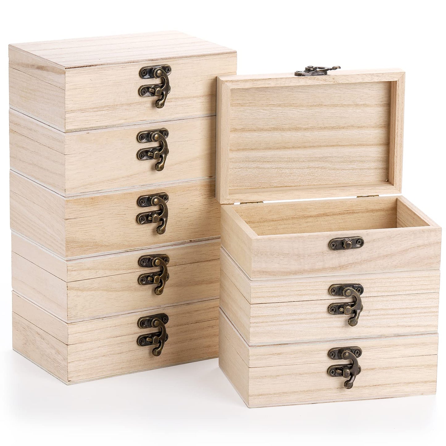 yarlung 8 Pack Unfinished Wooden Boxes for Crafts, 6x4x2 Inch Small Jewelry Storage Box Unpainted DIY Gifts Boxes for Treasure Chest Art Hobbies Memory Box, Hinged Lid with Front Clasp