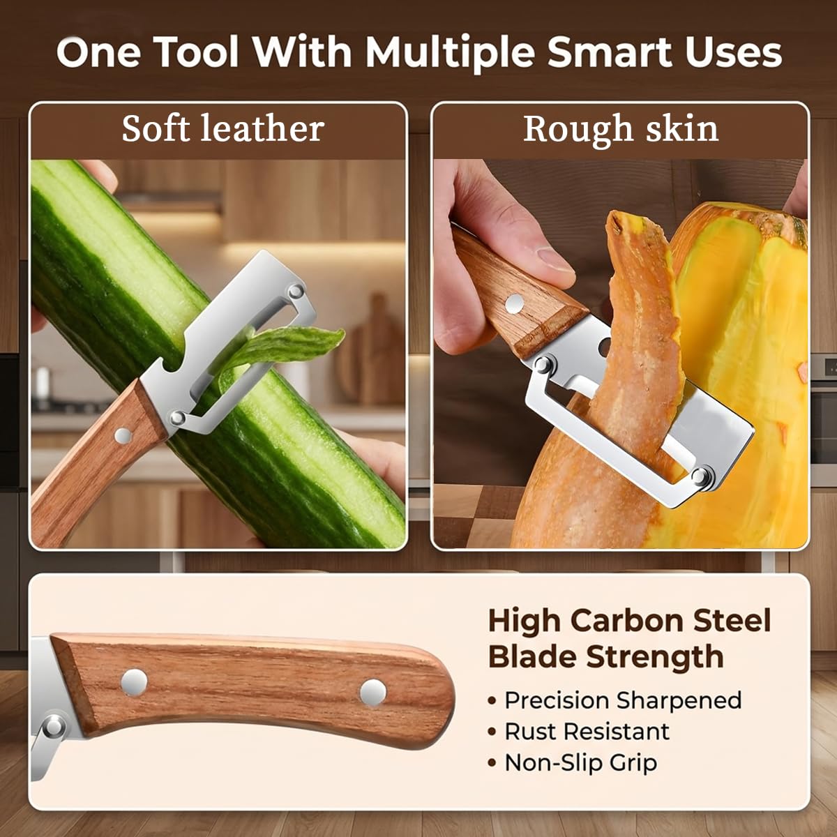 2 Pack Multifunctional Vegetable Peeler, 2-in-1 Kitchen Peeler with Bottle Opener, Sharp Stainless Steel Swivel Blade, Wooden Handle, for Potato, Carrot, Apple & Fruits