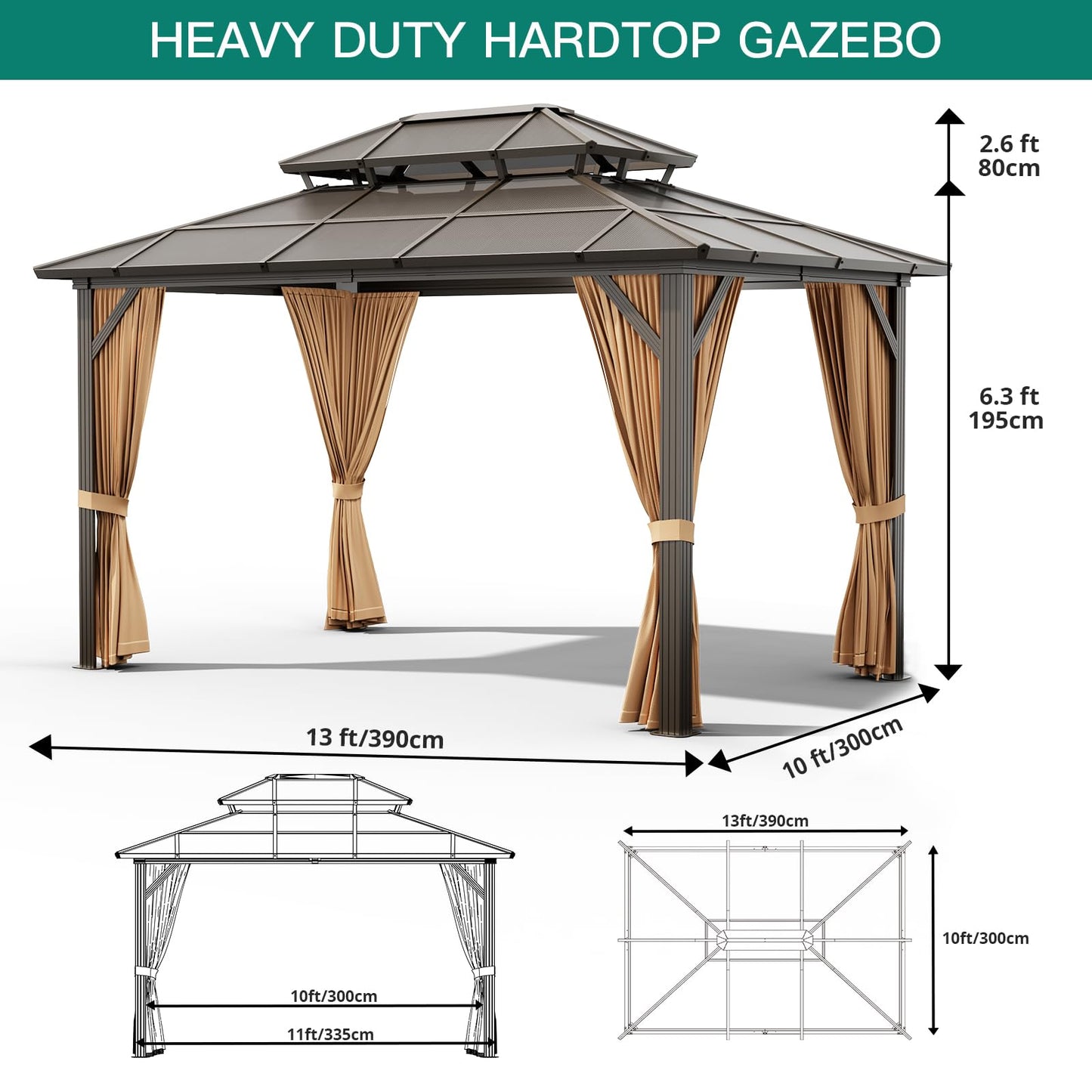 10'x13' Hardtop Gazebo, Outdoor Polycarbonate Double Roof Canopy, Aluminum Frame Permanent Pavilion with Curtains and Netting, Sunshade for Garden, Patio, Lawns (10x13ft)