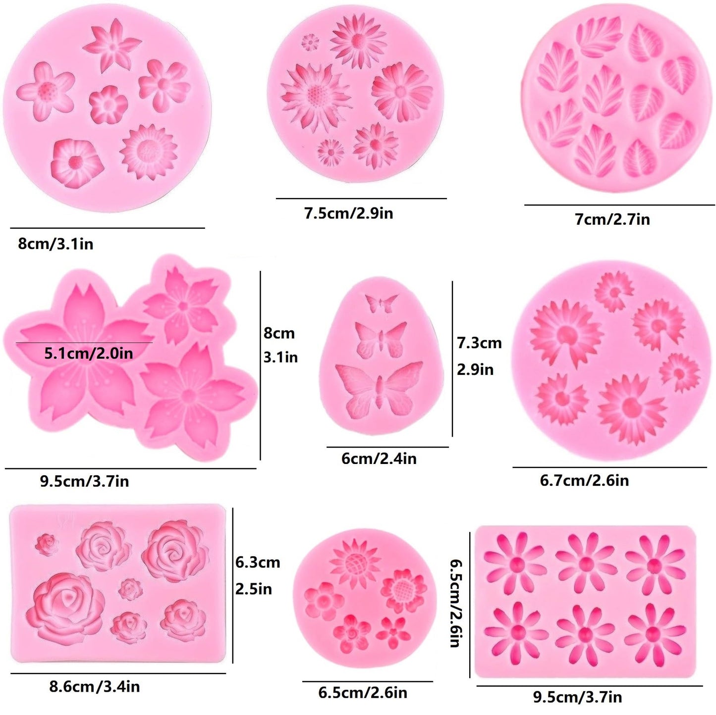 Flower Silicone Molds,9pcs Rose Leaf Daisy Sunflower Chrysanthemum Small Flowers Fondant Molds Polymer Clay Mould Candy Chocolate Molds for Cupcake Cake Pop Puck Decoration DIY Crafts