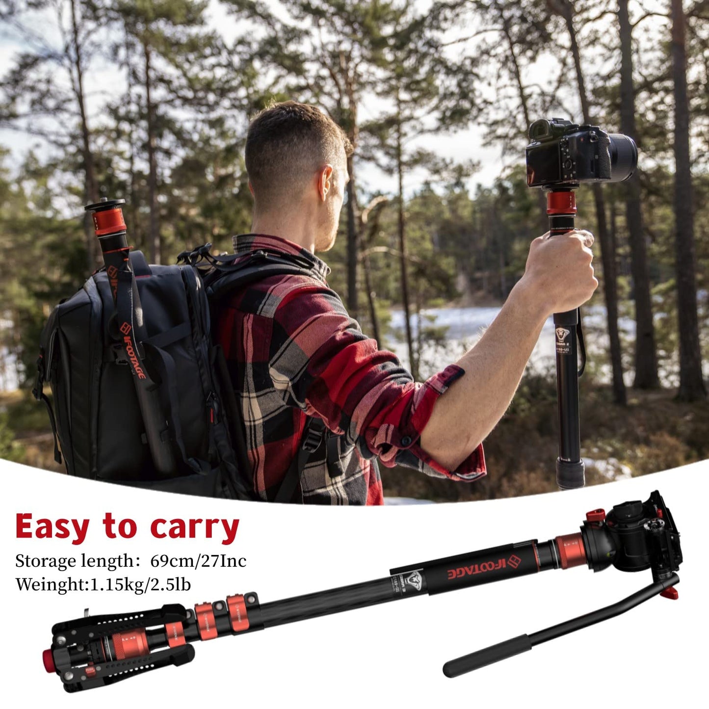 IFOOTAGE Cobra 3 Monopod with Fluid Head,Professional Portable Travel Monopod Set,71" Carbon Fiber Monopod for Cameras with Video Head, Compatible with Sony Canon Nikon Camera,C180F-P&Komodo K5S