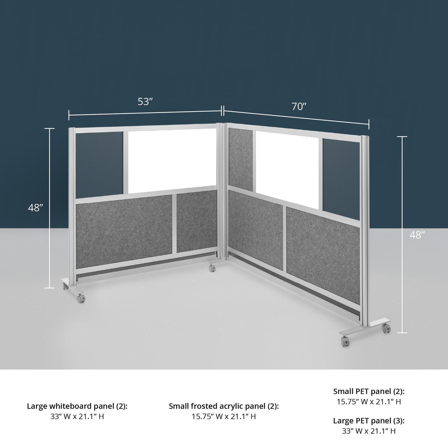 Modular Wall Partition Room Divider Bundle - Gray 70"x48" + 53"x48", 2 Cubicle Walls, Hinge & Casters for Flexible Office Divider & Room Divider Wall
