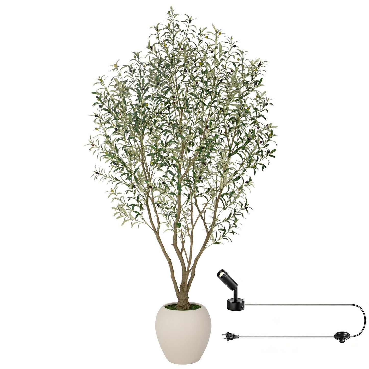 Nafresh 8FT Large Faux Olive Tree with 15''Wx13.5''H White Planter & Warm White Spotlight, Olive Trees Artificial Indoor with Multi Branches, Fake Olive Tree for Indoor Outdoor Home Office Decor