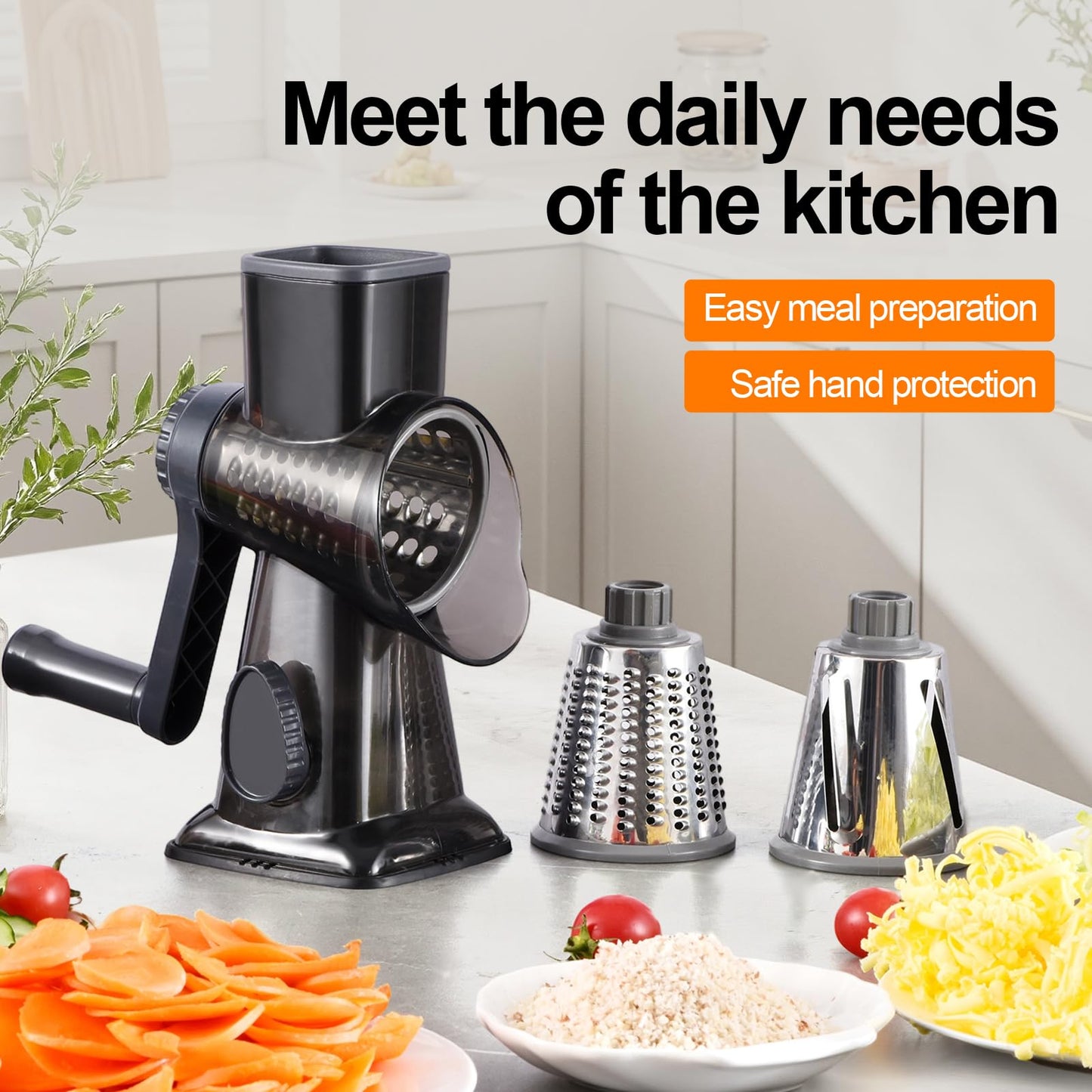 LIOZERIA Rotary Cheese Grater Hand Crank with Suction Base | 3-in-1 Safe Shredder for Cheese, Vegetables & Nuts, Easy to Clean