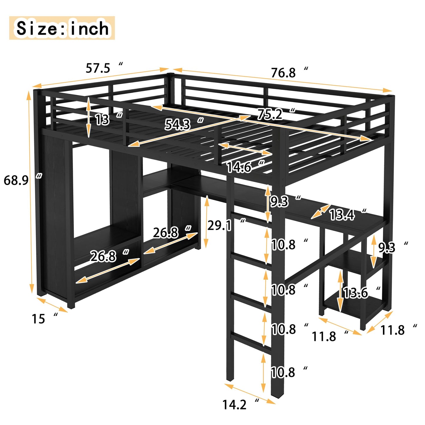 Bellemave Full Size Loft Bed with Desk, Wardrobe, Metal Full Loft Bed Frame for Adults, Kids, Teens, Black