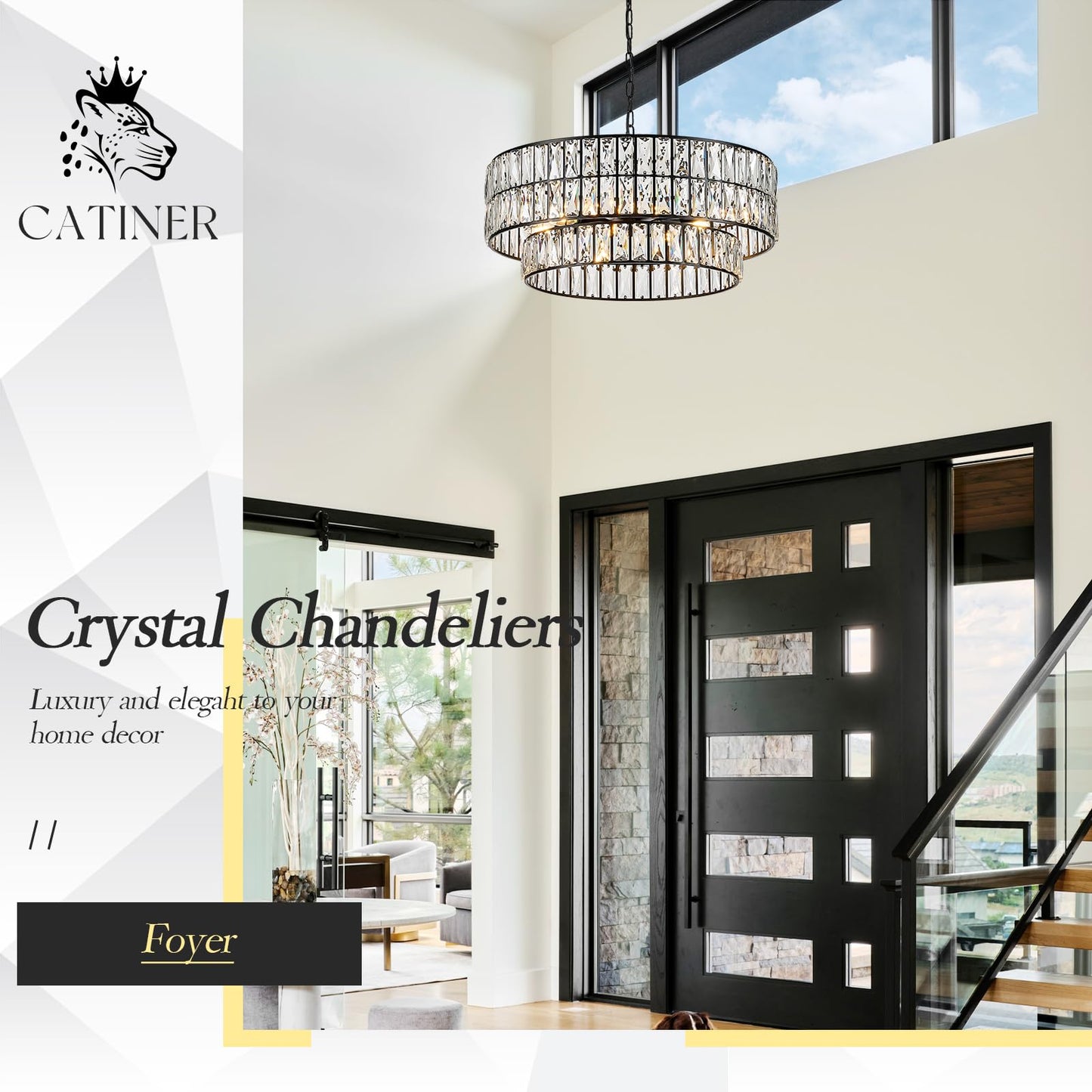 CATINER 24'' Black Crystal Chandeliers Luxury 8-Lights Pendant Chandelier Drum Semi Flush Mount Ceiling Lights for Living Room Dining Room Foyer Bedroom Kitchen