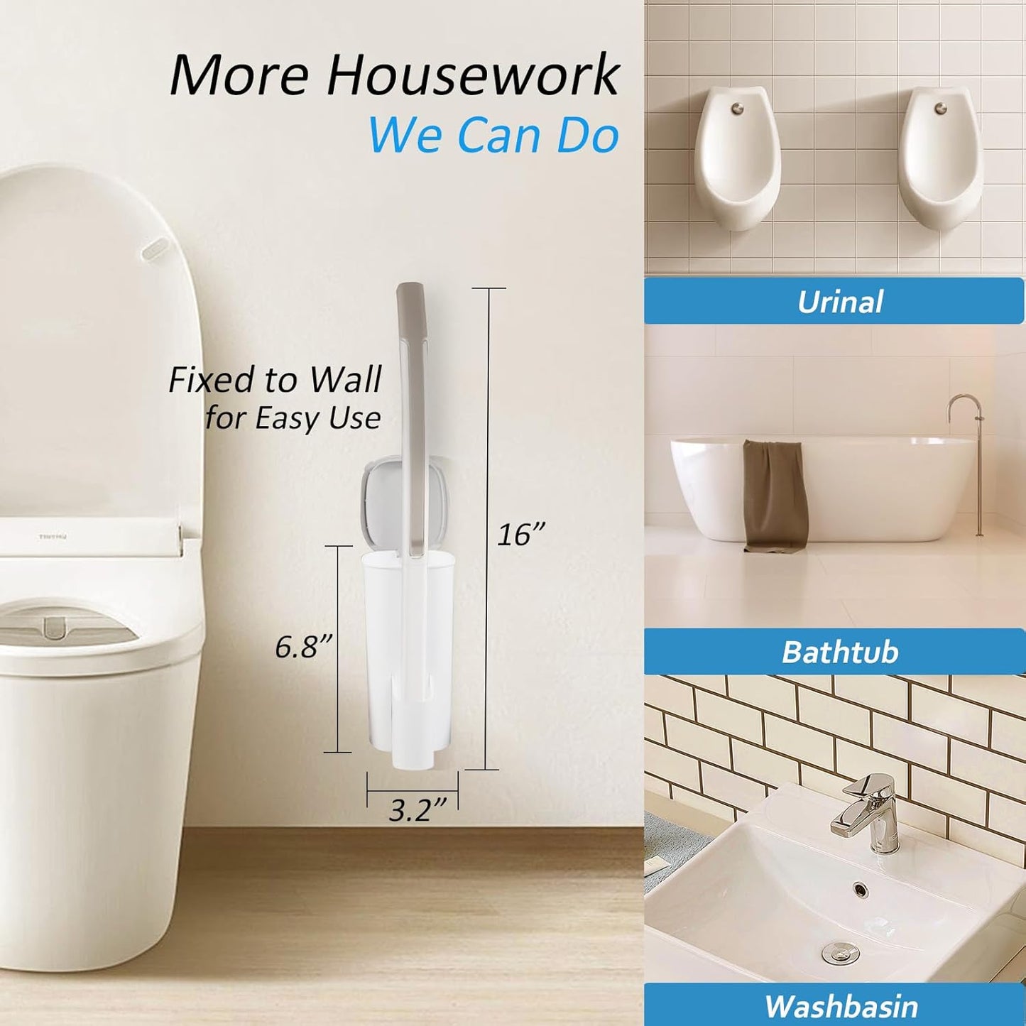 Disposable Toilet Brush and Holder Set with 16 Refills, Long Handle Wand, Compact Bathroom Scrubber, White