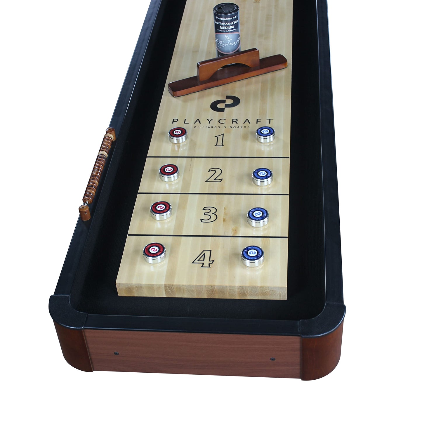 Playcraft Woodbridge Shuffleboard Table with Storage Cabinet - Shuffle Board Game Table Set with Matching Abacus, 8 Pucks, Brush & Wax (Made in USA) - Pro Style Climate Adjusters - Cherry - 14ft
