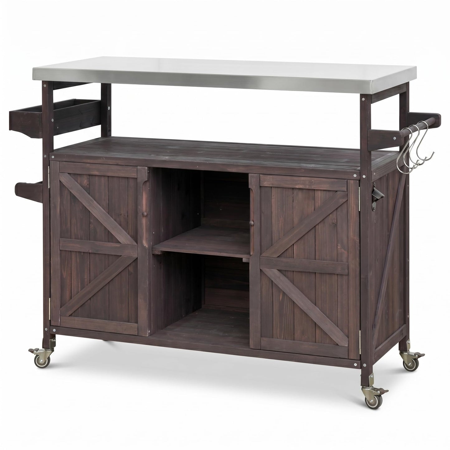 50" Outdoor Kitchen Island Grill Cart with 201 Stainless Steel Top, Solid Fir Wood, Modular Design, Internal Storage & Adjustable Shelves, 4 Lockable Wheels, 400LBS Capacity for Patio BBQ, Brown